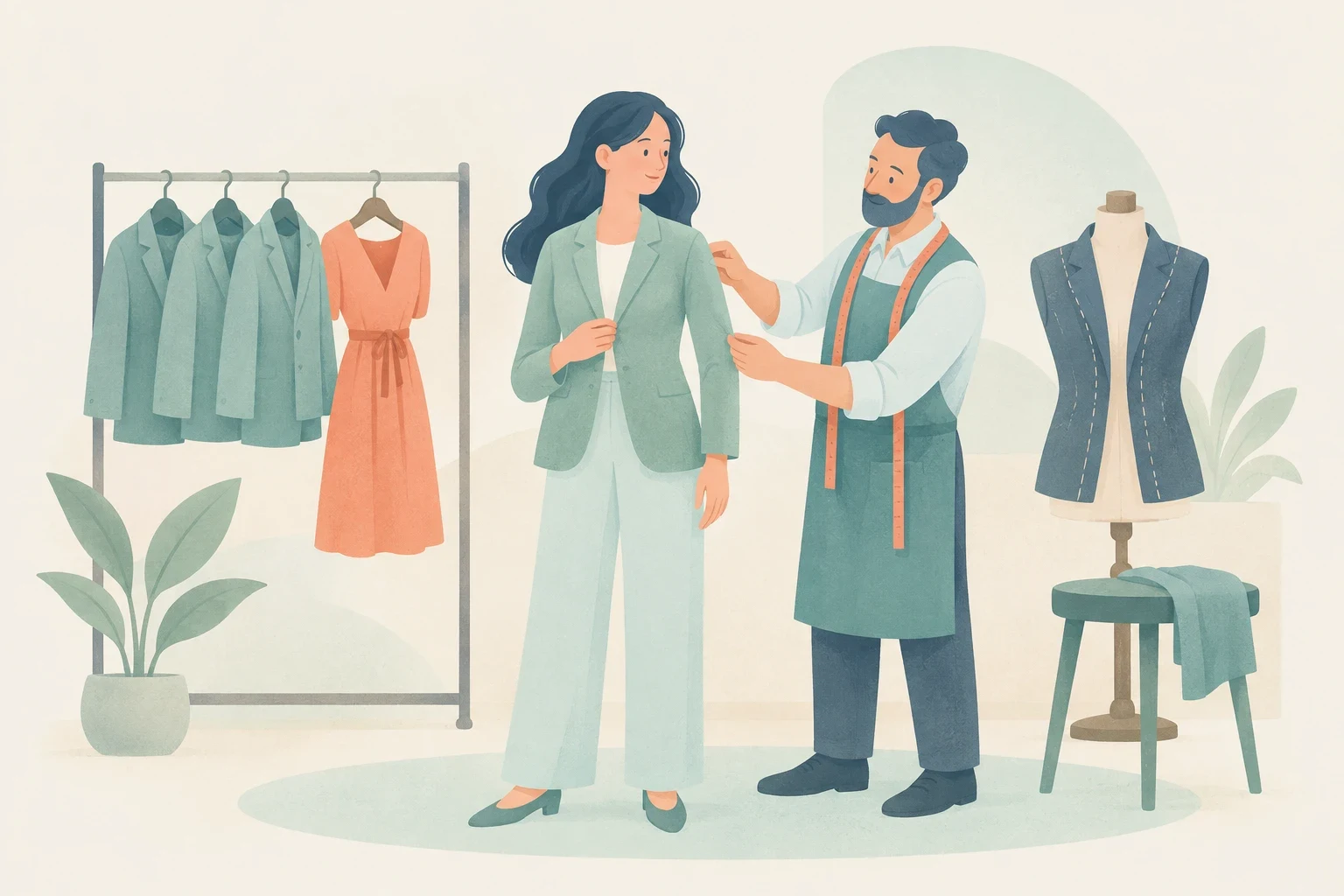 A tailor in an apron measures a customer's blazer sleeve in a tailoring workshop with garment racks and a dress form.