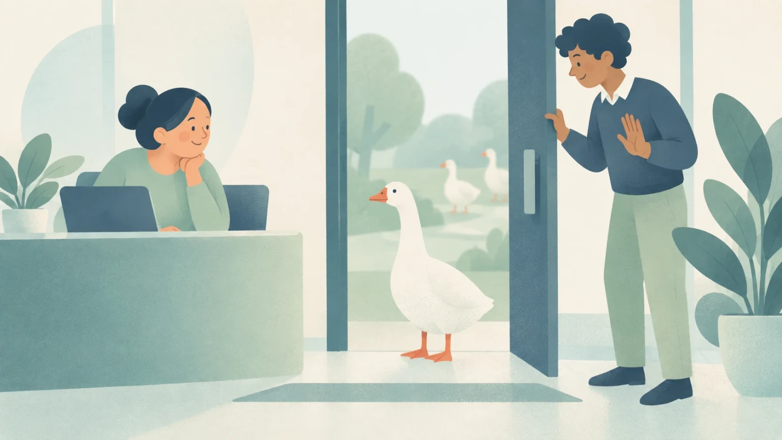 One white goose stands at an open office door beside reception, while two geese are visible outside and two coworkers watch.