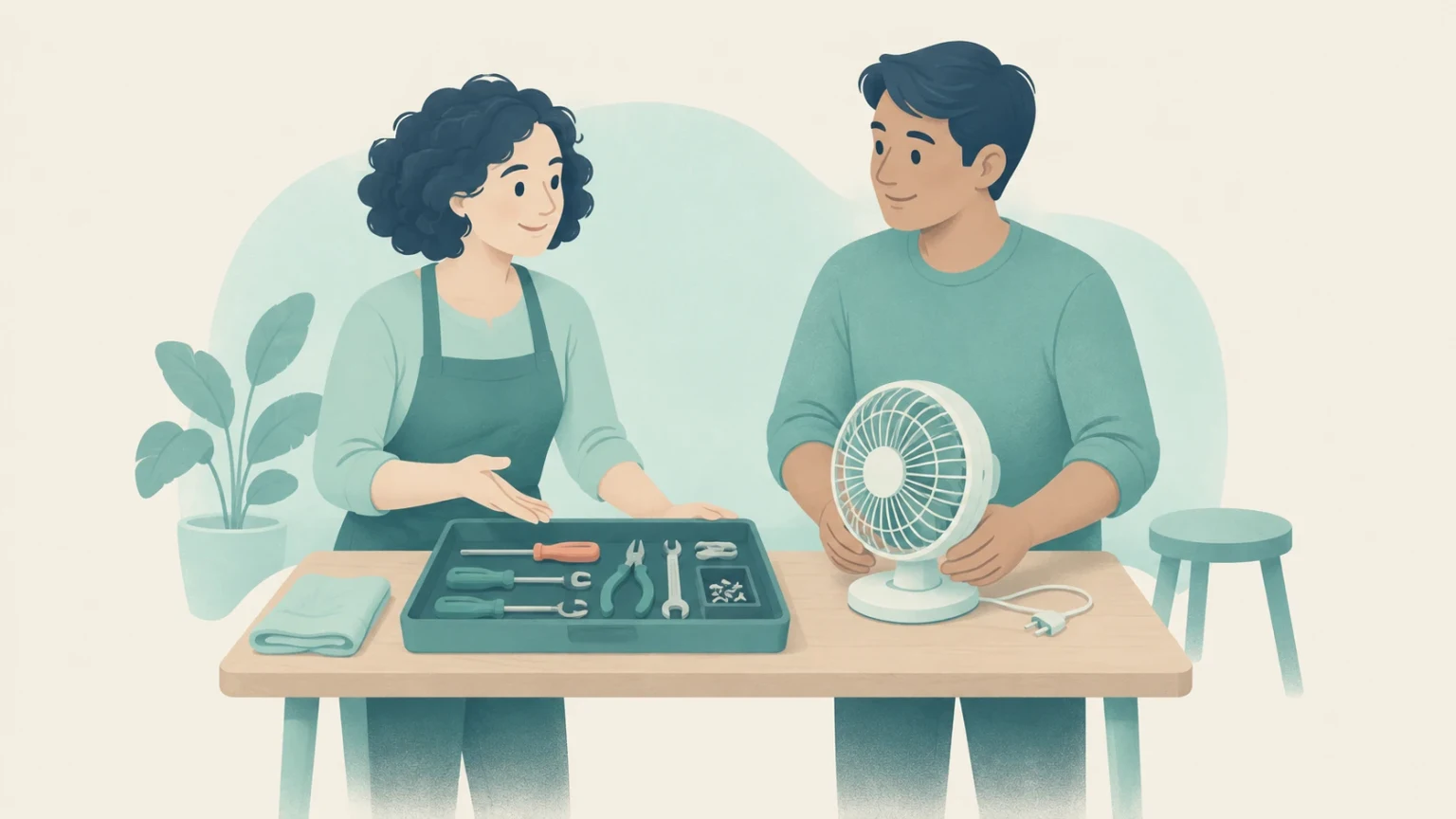Two people prepare a repair café worktable with a tray of tools and an unplugged desk fan, with a plant and stool nearby.
