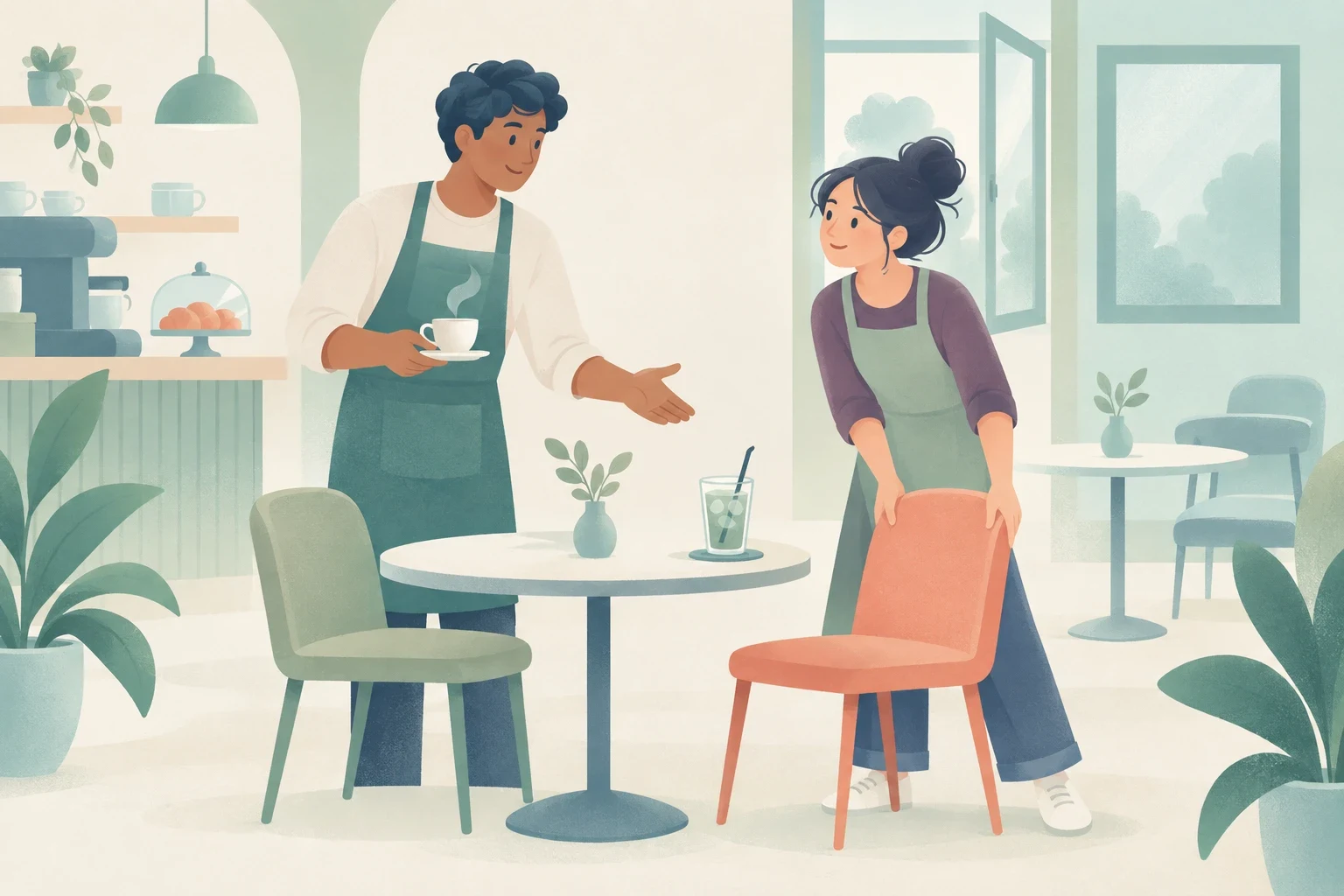 Two cafe workers in green aprons prepare a bright dining area, with one pulling out a chair and the other carrying a warm cup of coffee.