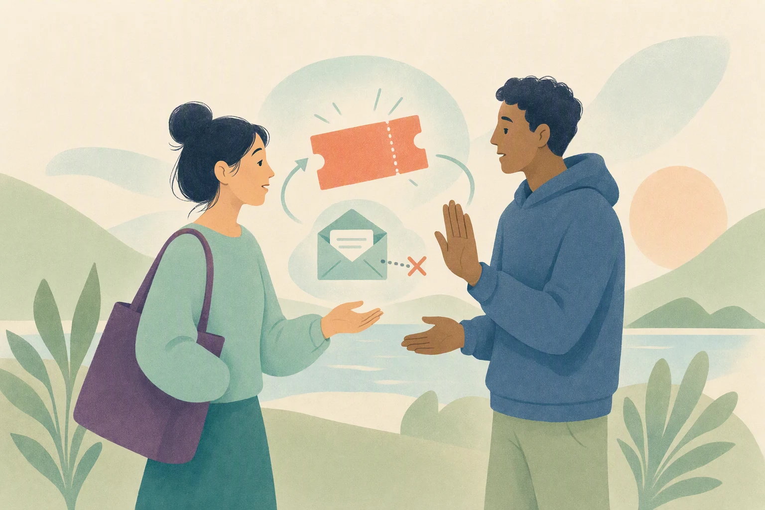 Two people discuss a ticket transfer, with a floating orange ticket, curved arrows, and an envelope marked with an orange cross between them.