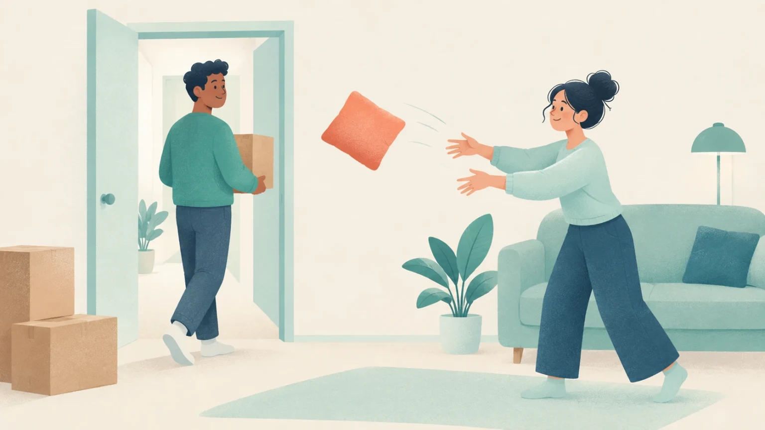 A woman tosses an orange cushion while a man carries a box through an open doorway, with moving boxes, plants and a sofa nearby.