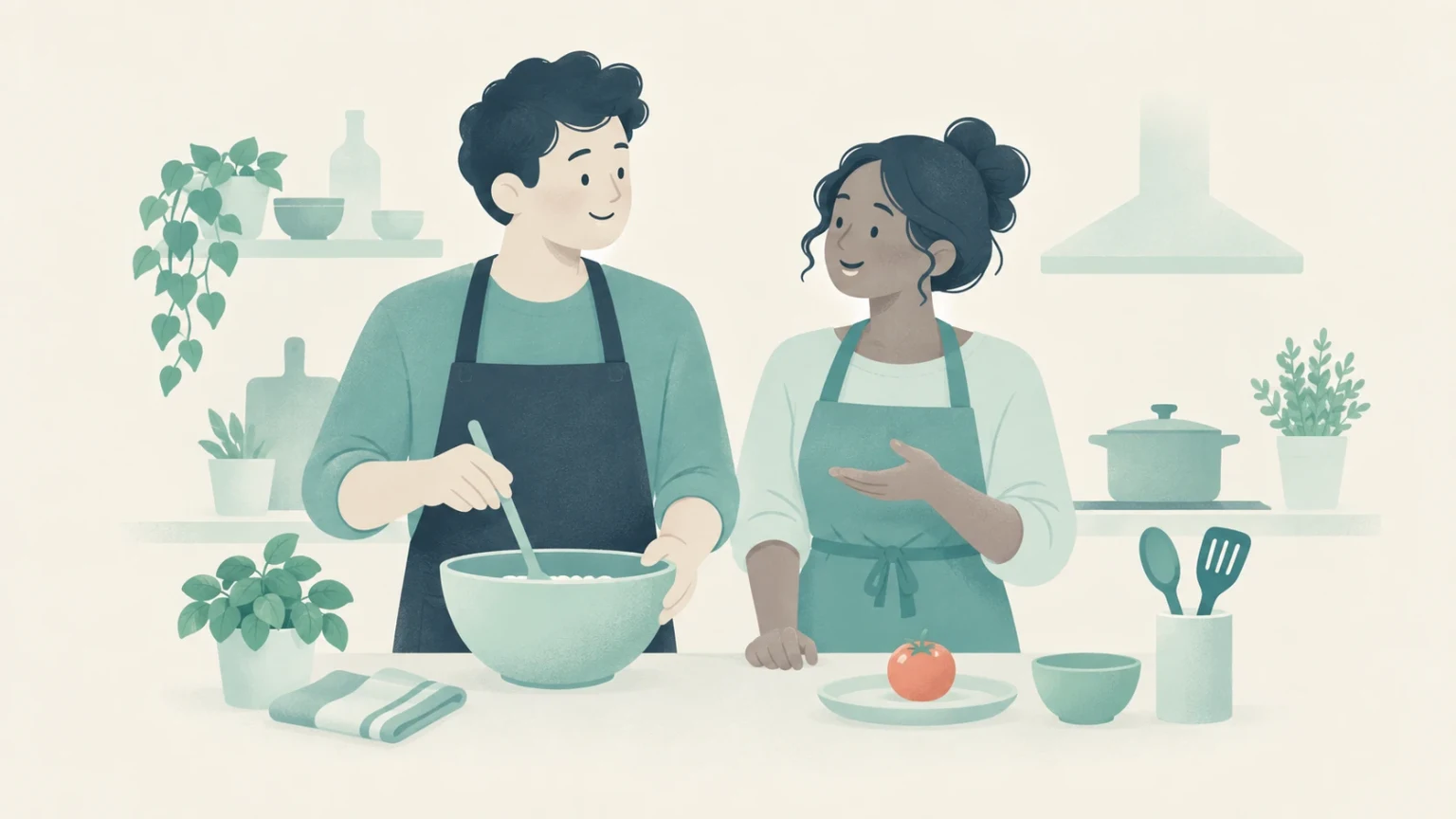 Two people in aprons share a kitchen workspace, one stirring a mixing bowl while the other gestures beside a tomato, utensils, and potted plants.