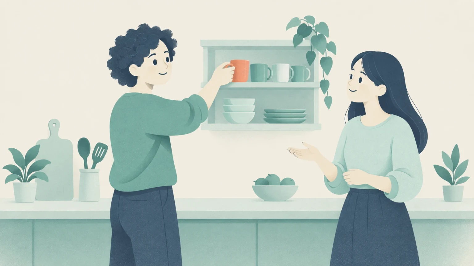 Two housemates in a shared kitchen discuss organization while one places a mug onto a shelf with dishes.