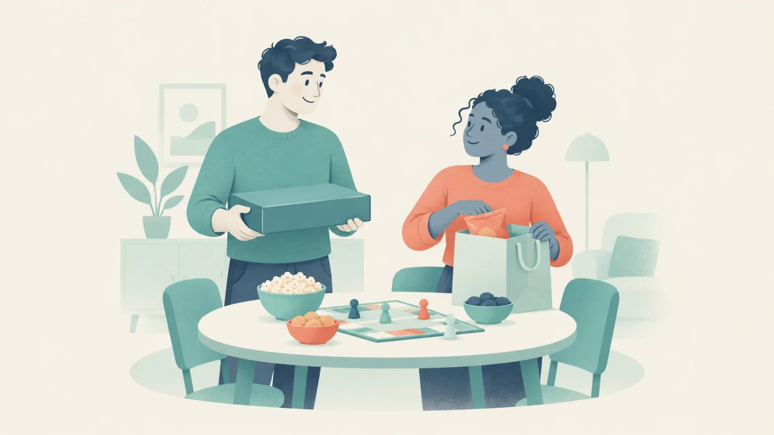 A man and a woman setting up a board game and unpacking snacks on a table for a games night.