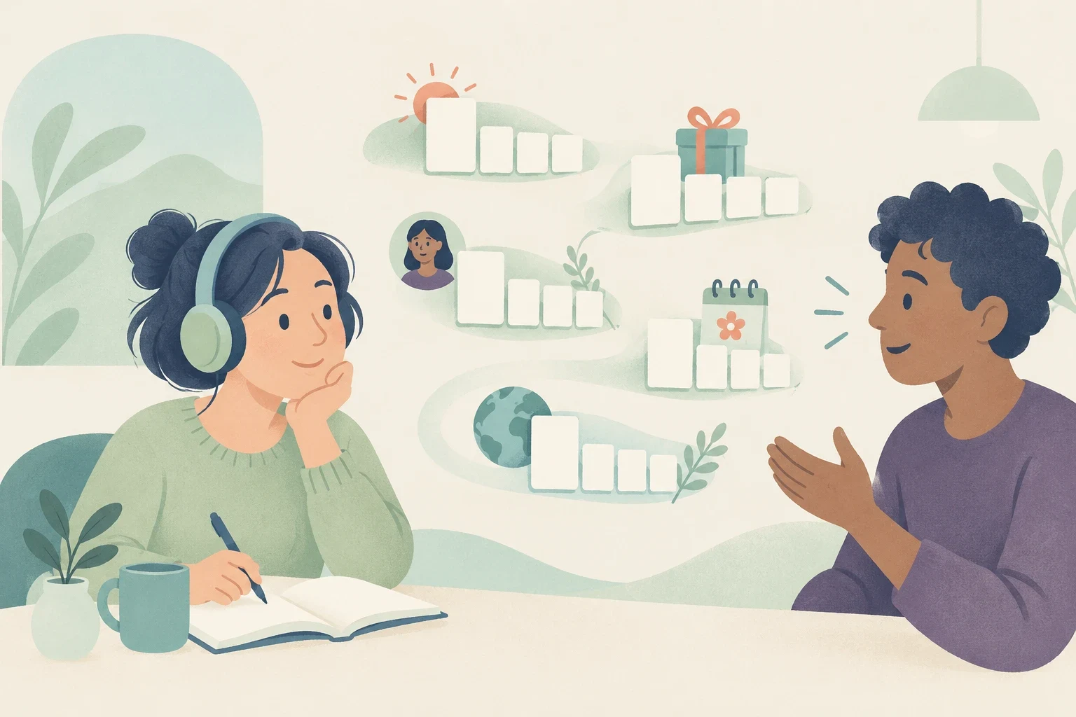 A person wearing headphones takes notes while another speaks, surrounded by blank message blocks and icons of a calendar, globe, portrait, sun and gift.