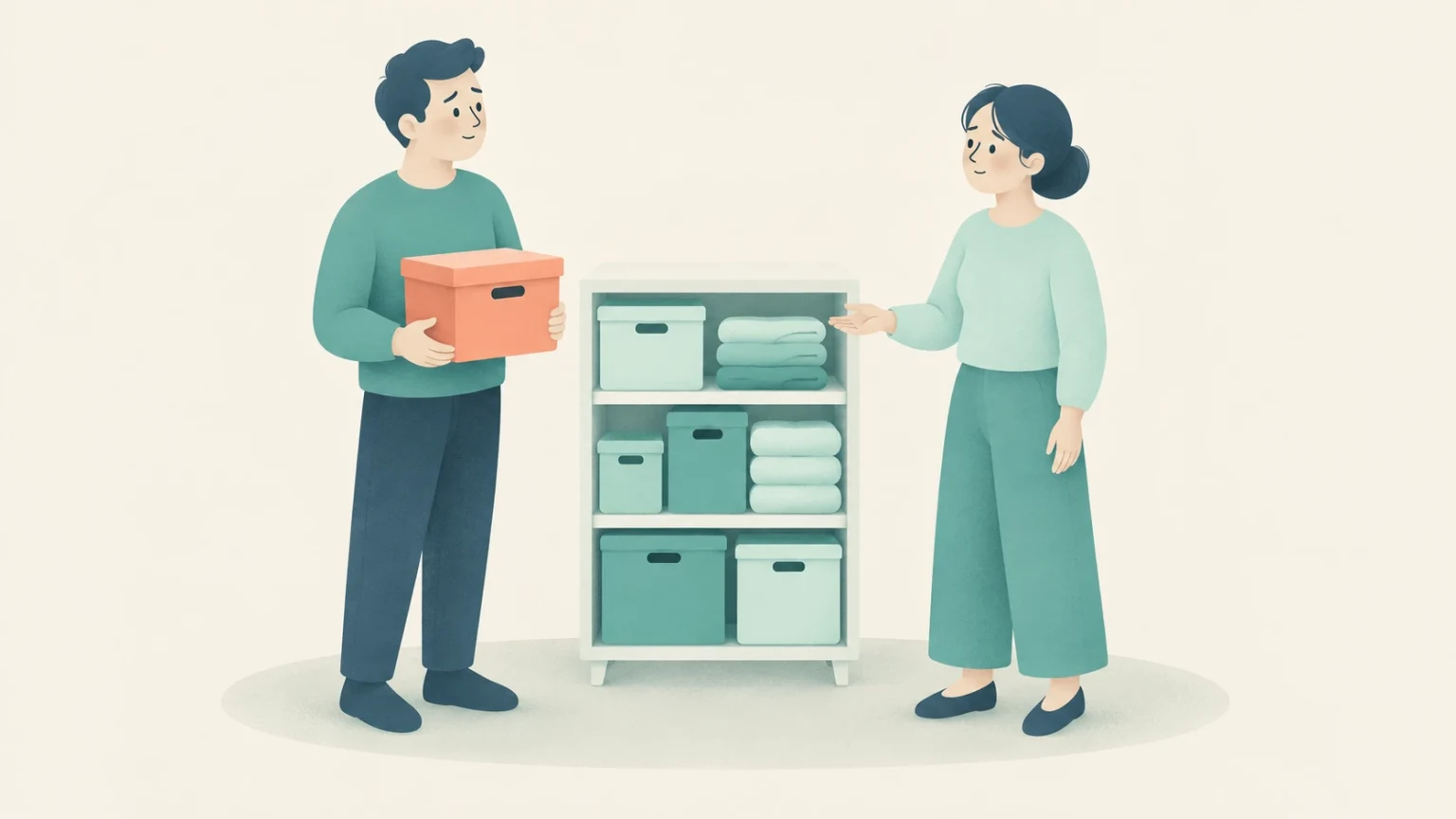 A man holds an orange storage box beside a shelving unit filled with boxes and folded clothes, while a woman gestures toward the crowded shelves.