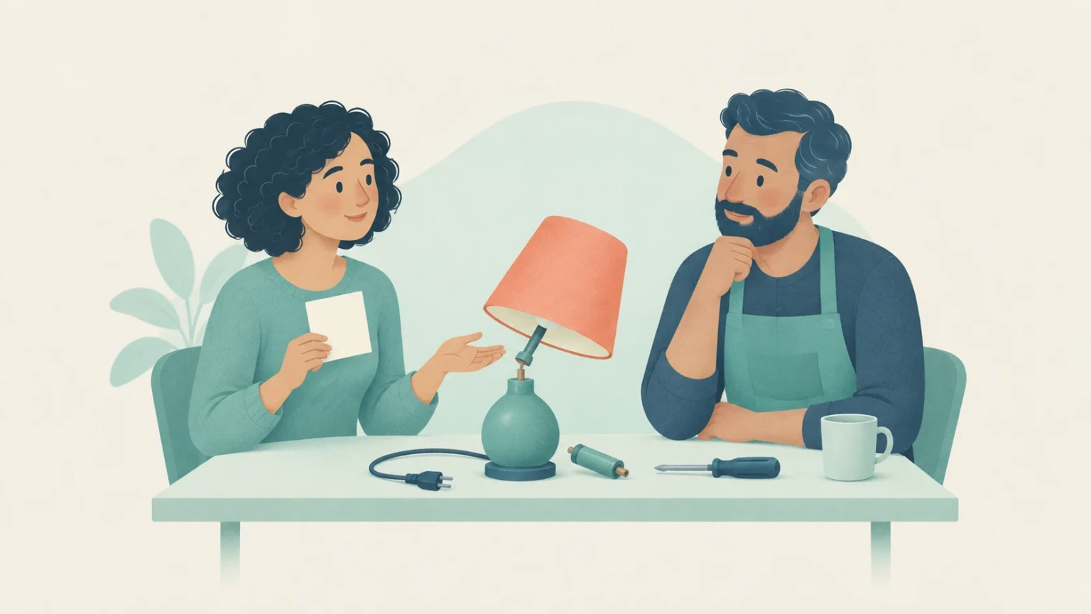 A woman holding a blank note talks with an apron-wearing repair volunteer across a table with a broken lamp, loose parts, a screwdriver, and a mug.
