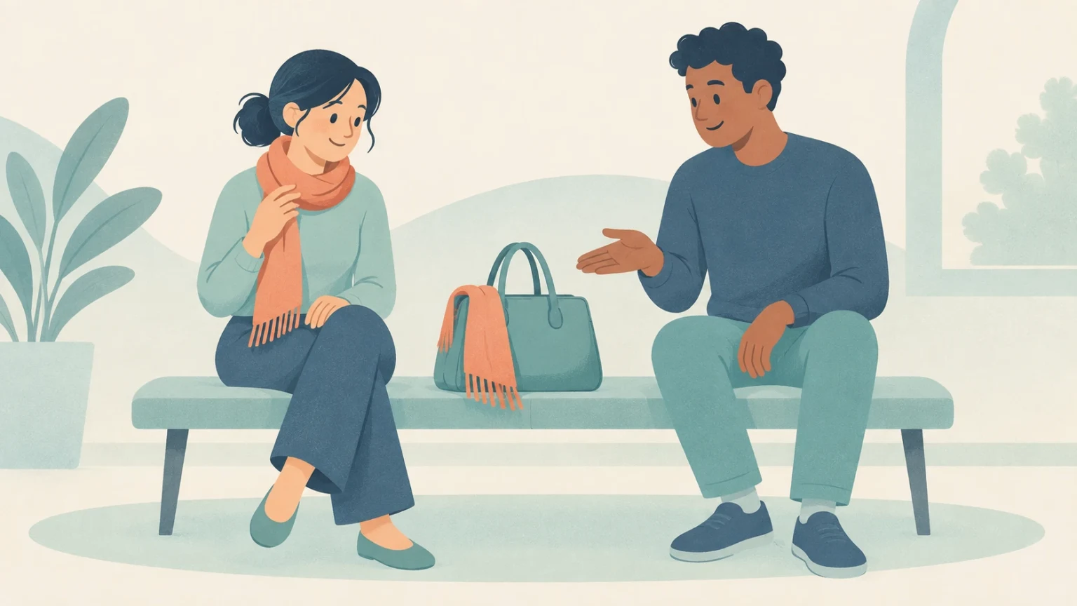 Two people sit on a bench with a teal handbag and orange scarf between them. The woman wears a similar scarf while the man gestures toward the bag.