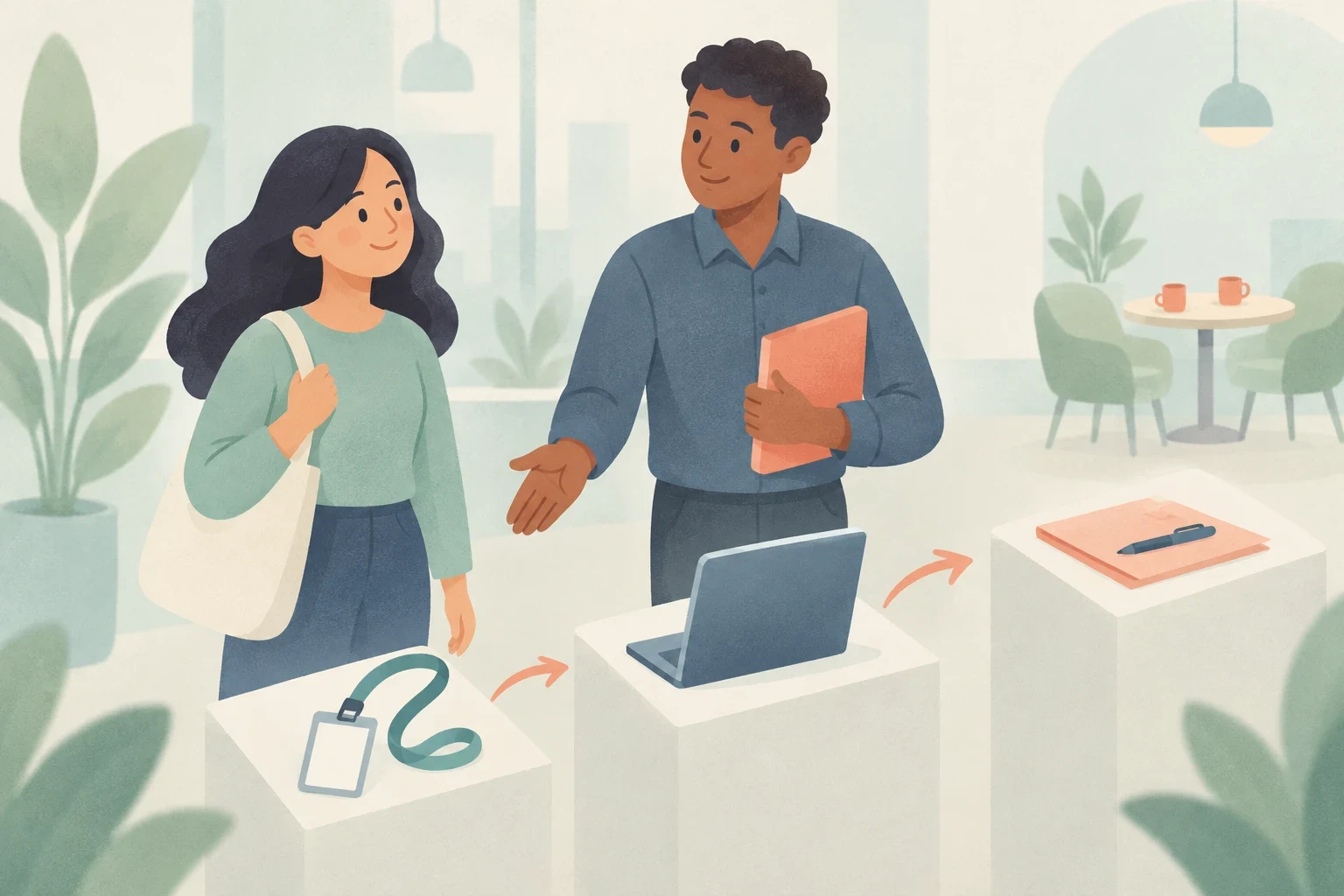 An editorial illustration of a mentor guiding a new employee through sequential onboarding steps featuring a badge, laptop, and paperwork in a modern office.