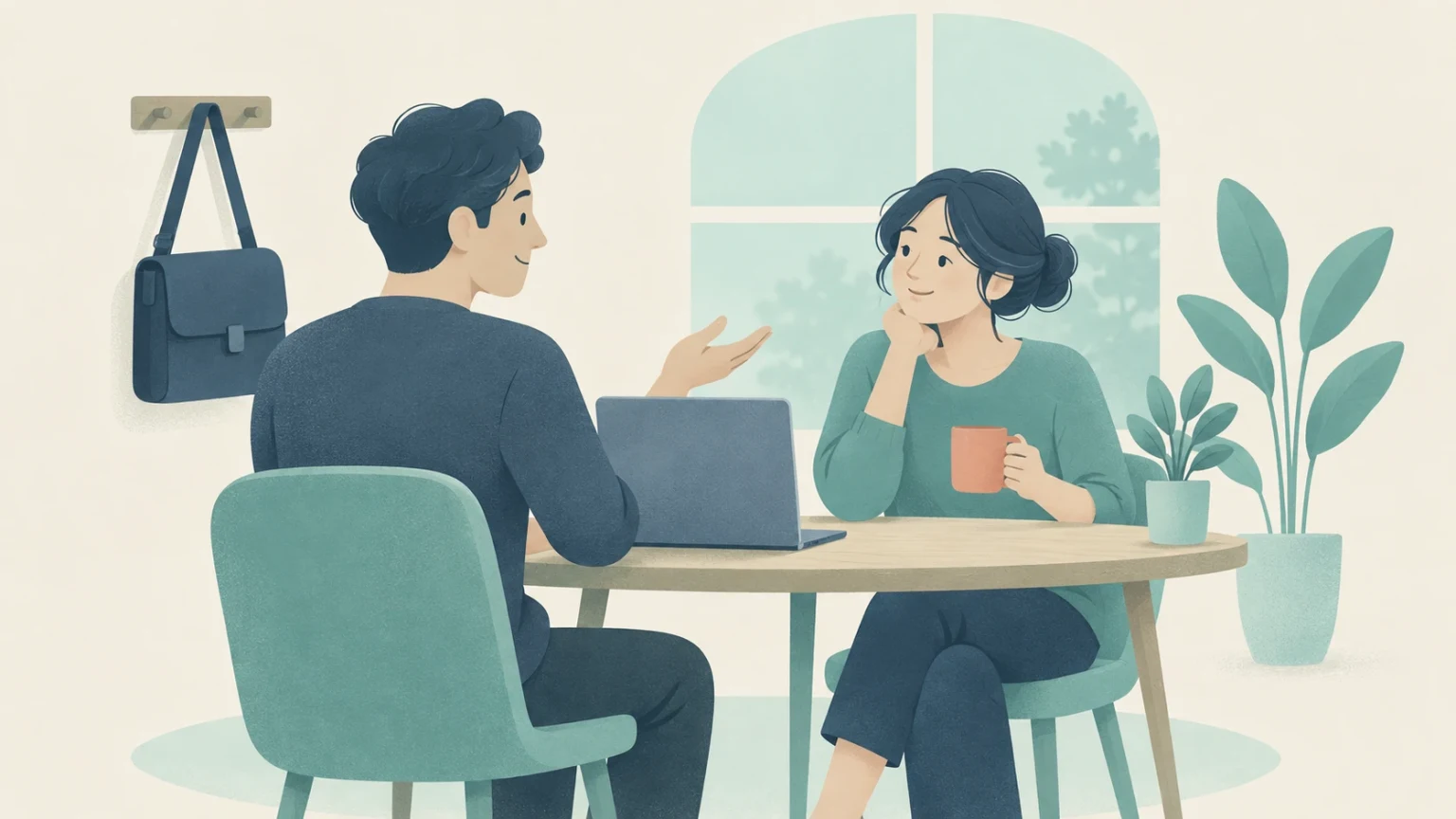 Two people chat across a café table with an open laptop and a mug, surrounded by teal chairs, plants, and a large window.