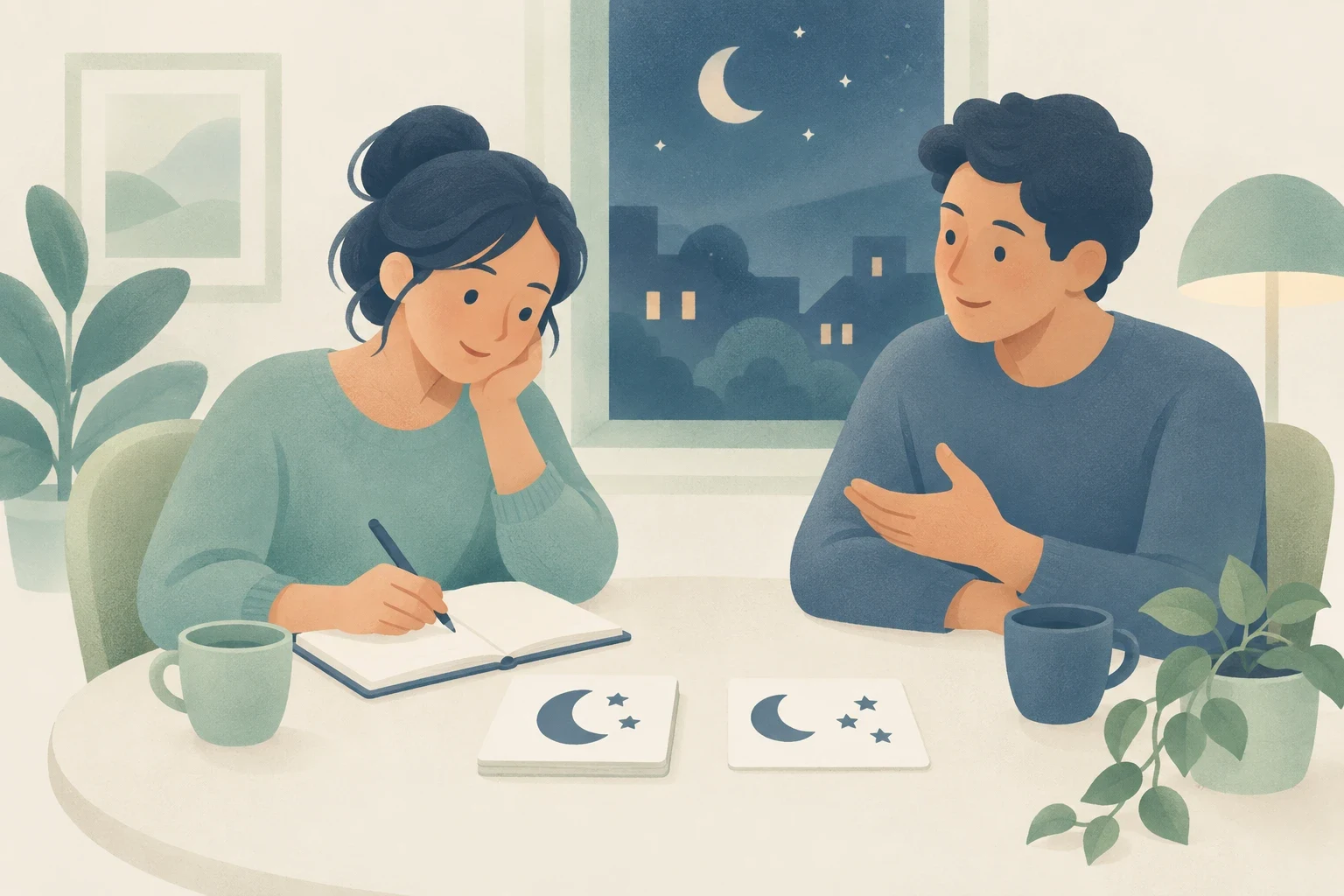 Two people sit at a table at night, one writing in a notebook while the other speaks, with moon-and-star cards and a moonlit window nearby.