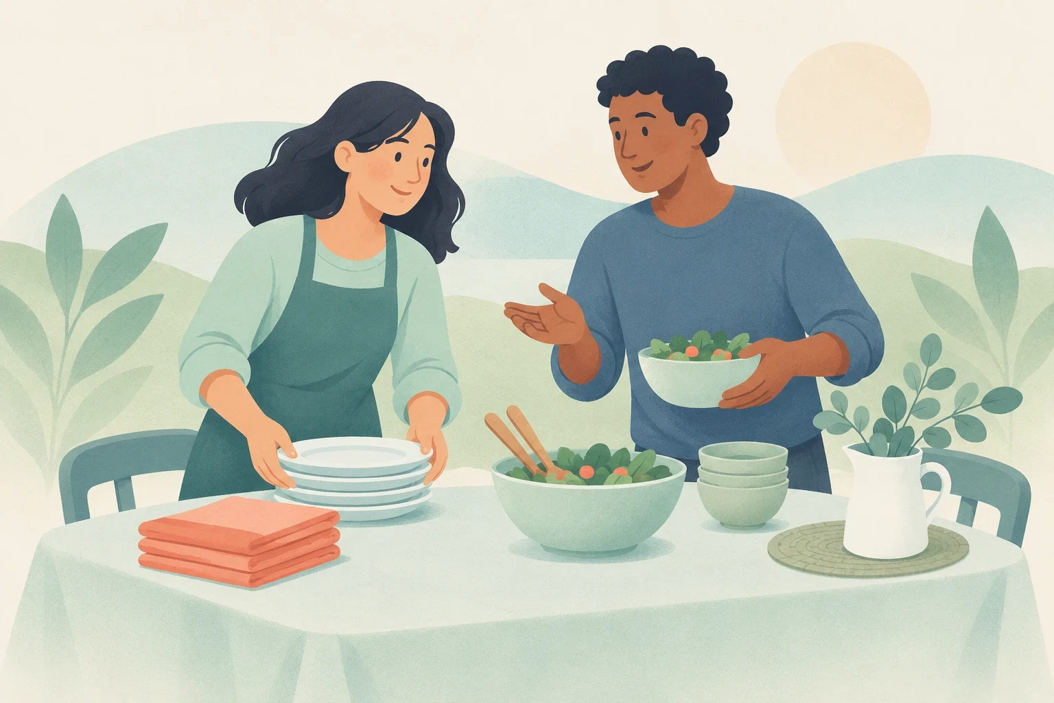 Two people prepare a shared lunch, arranging plates and holding a salad bowl at a table with napkins, bowls, and a pitcher of leafy branches.