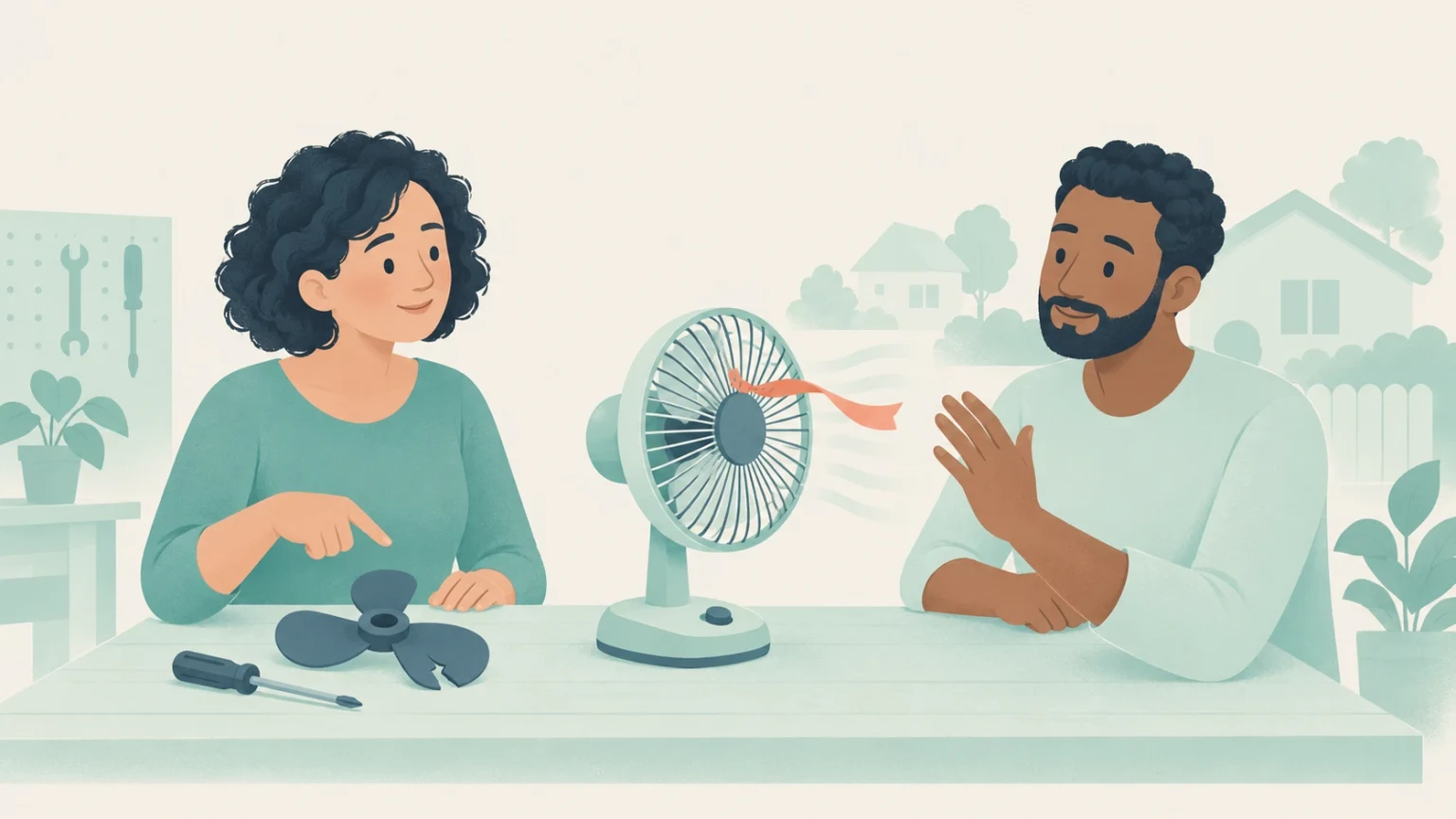 Two people at a repair table discuss a desk fan, with a broken fan blade assembly and screwdriver on the table and houses in the background.