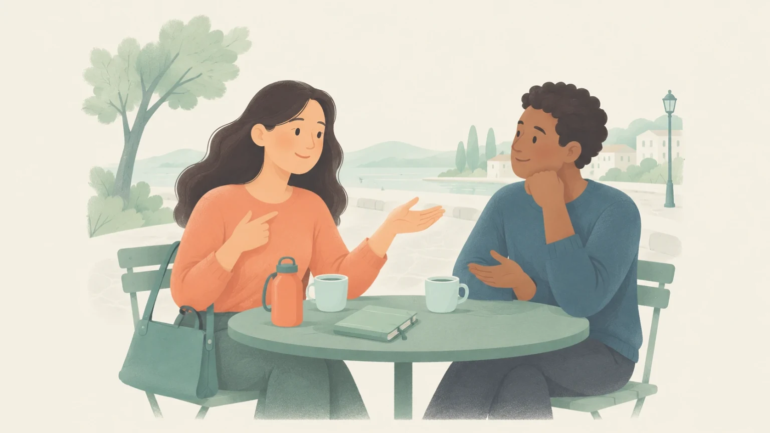 Two people chat at an outdoor café table beside the water. One gestures toward herself; mugs, a bottle, and a notebook sit on the table.