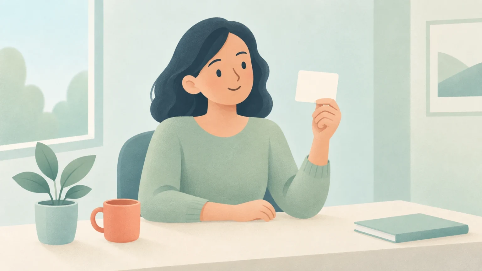 A person at a tidy desk holding one small blank card.
