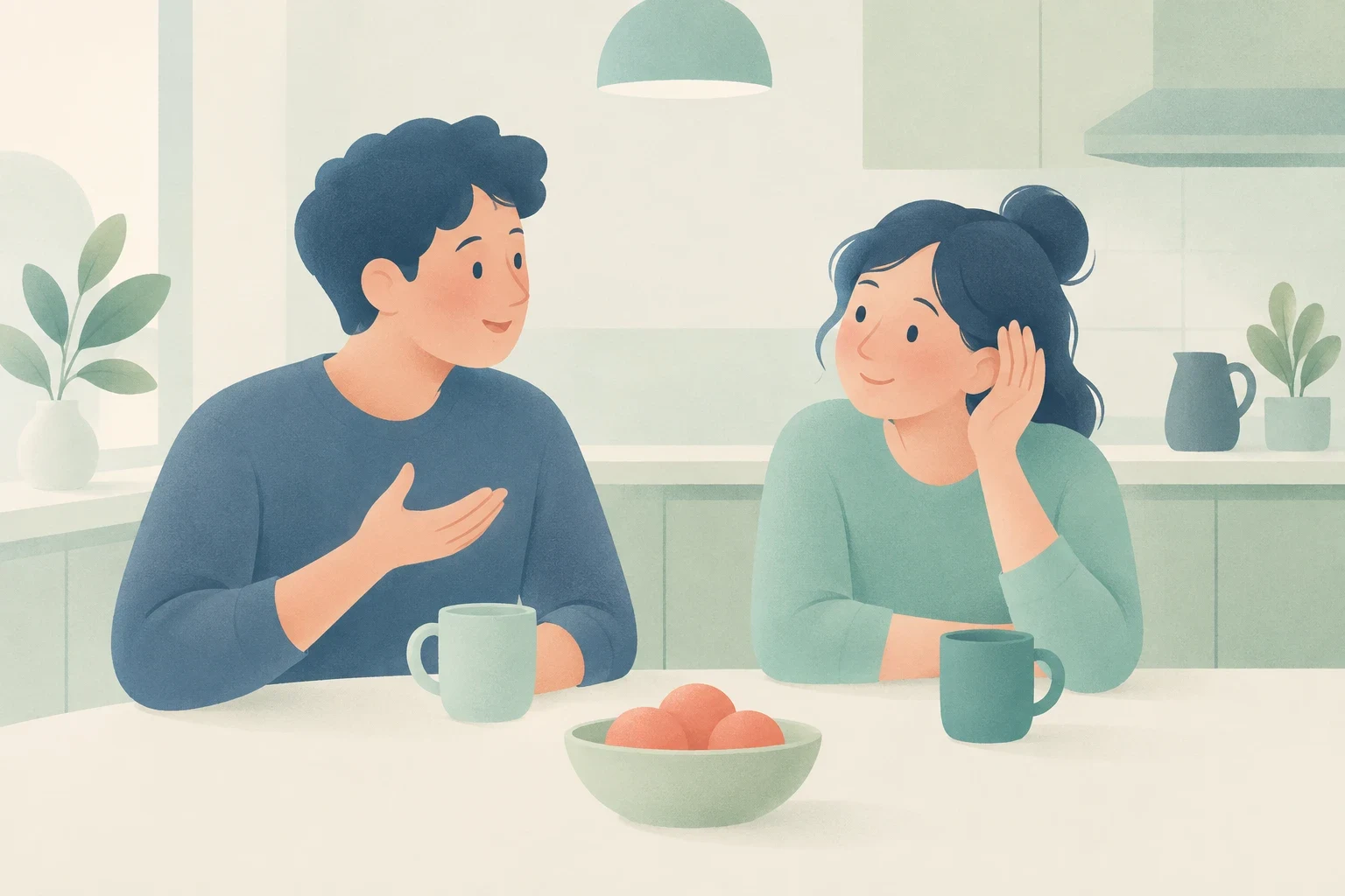 A person listening carefully to a speaker in a quiet kitchen.