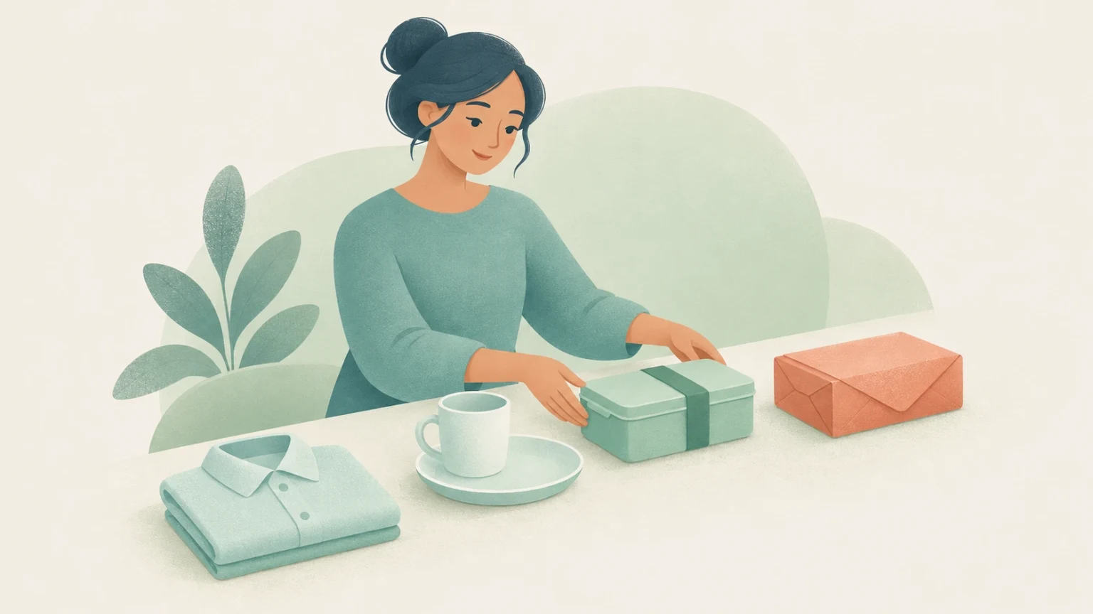 A woman arranges a mint-green packed box beside an orange wrapped parcel, a cup and saucer, and a folded shirt in a soft pastel illustration.