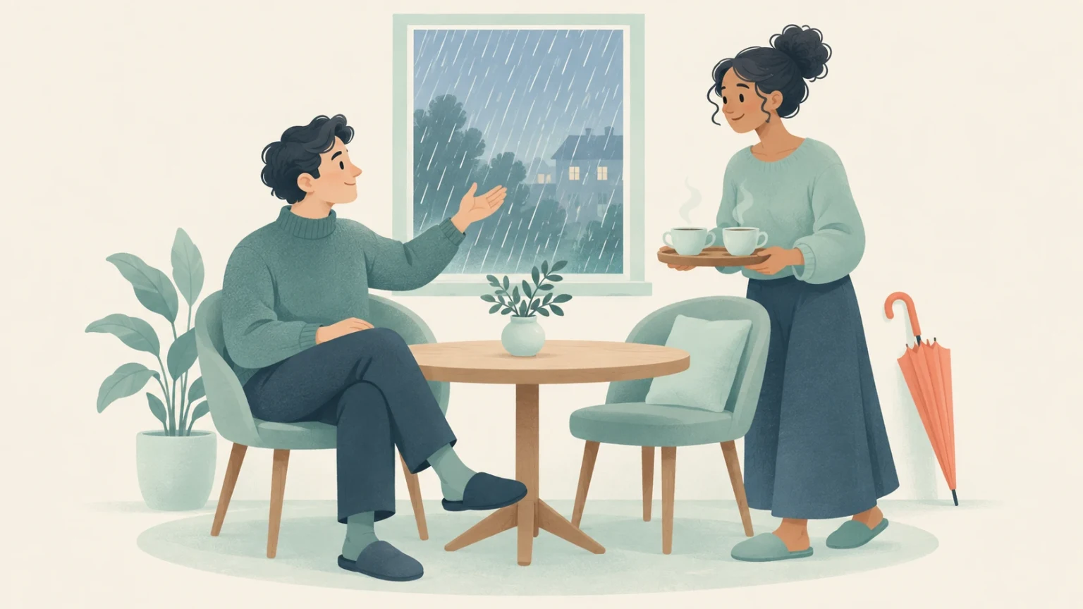 Two people share a cozy indoor moment as rain falls outside; one sits beside a round table while the other carries a tray with two steaming cups.