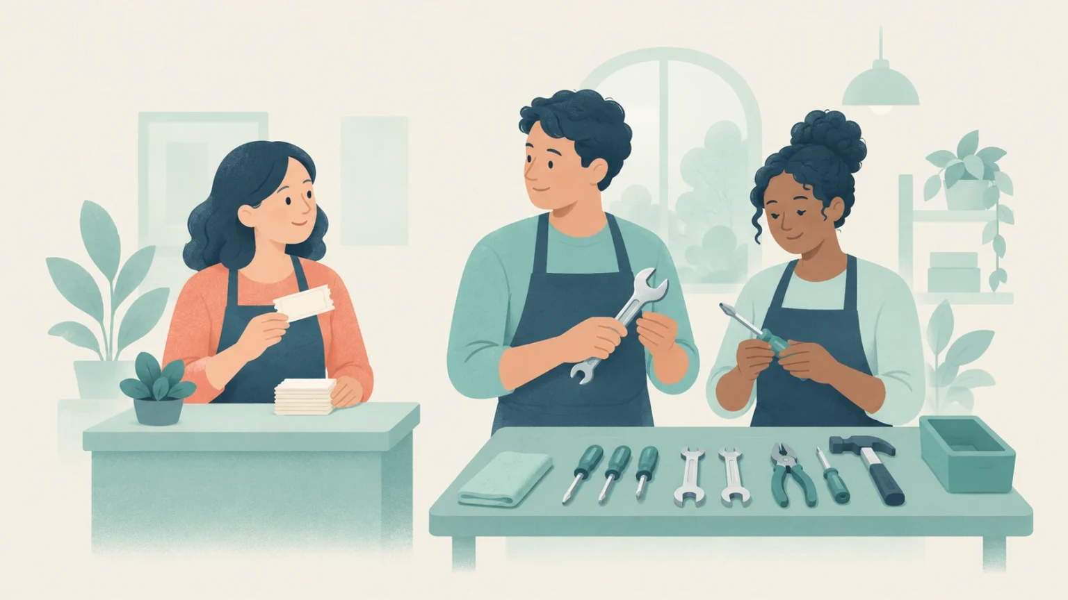 At a repair event, one apron-wearing volunteer handles blank tickets while two others inspect tools behind a workbench lined with repair supplies.