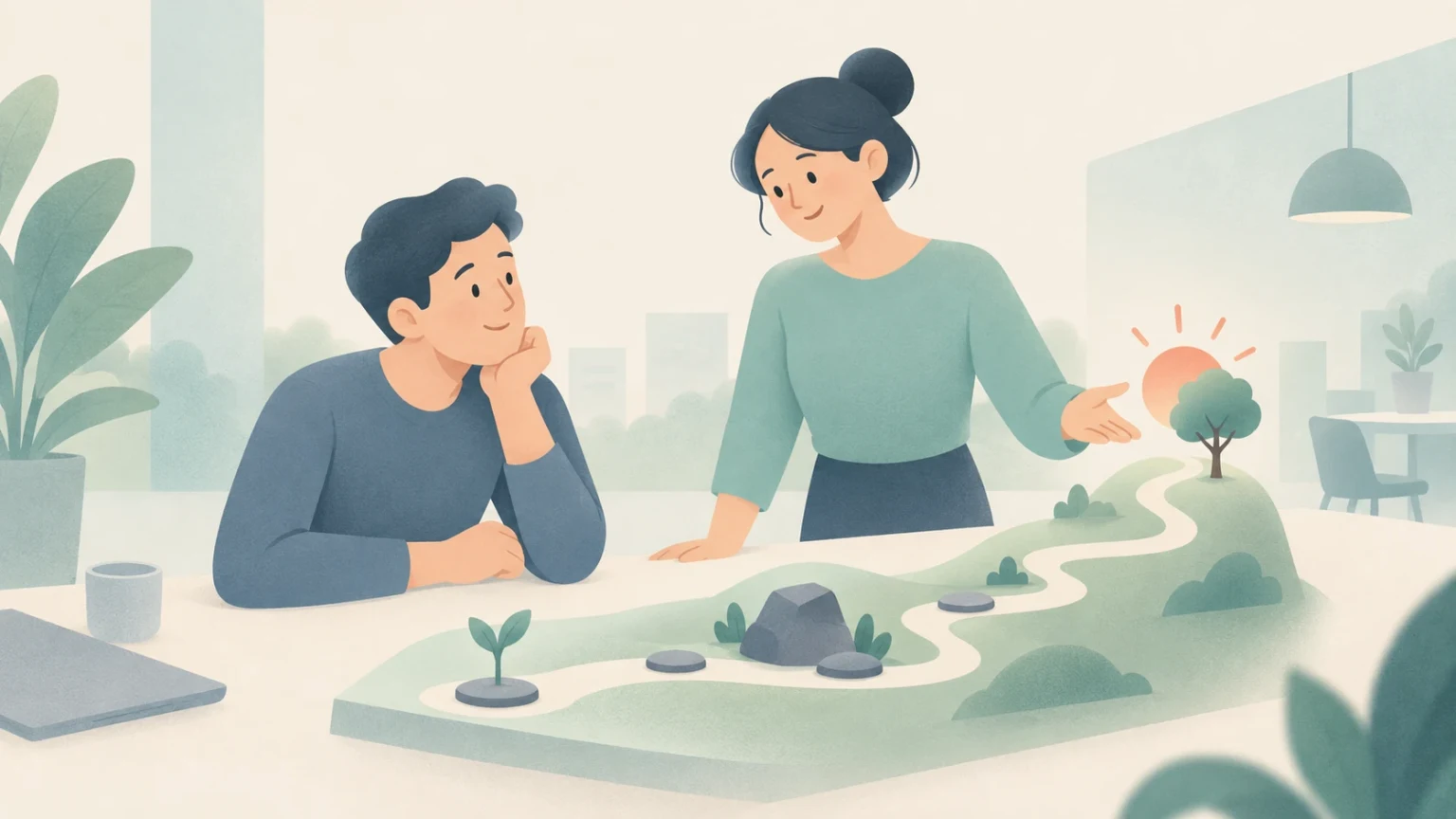 Two colleagues in an office discuss a miniature winding landscape path representing growth and journey.