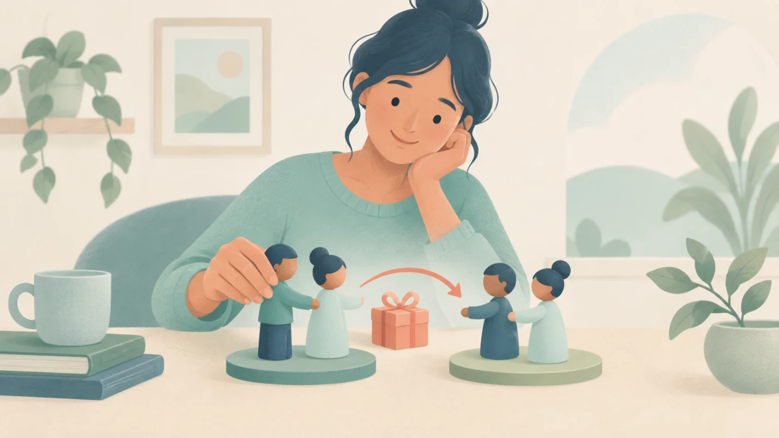 A woman arranges two pairs of figurines on a table, with a gift and curved arrow between them suggesting giving and receiving.