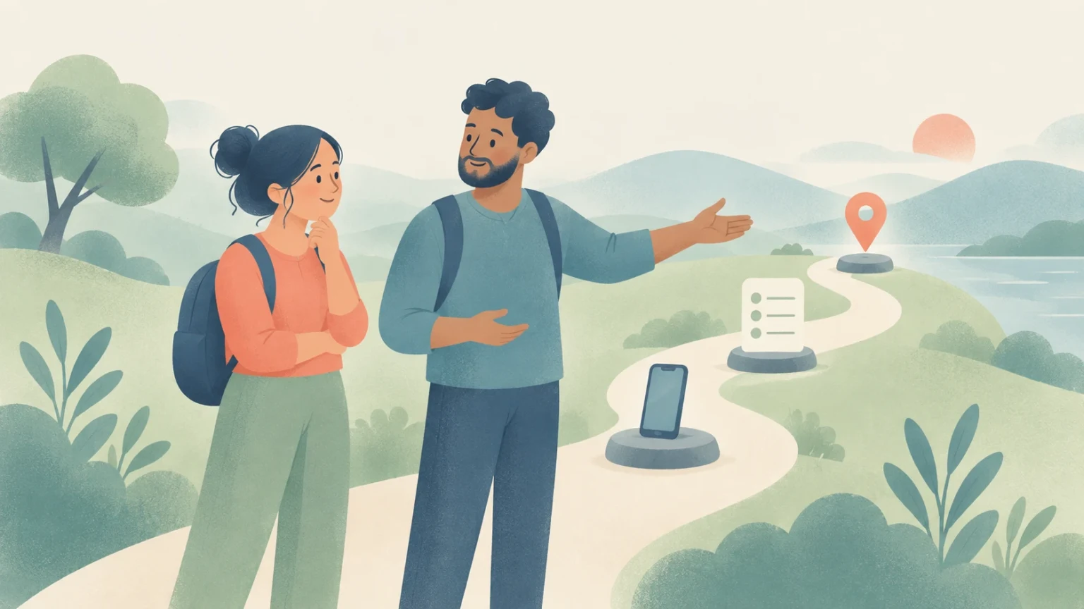 Two backpackers discuss a next step beside a winding path with a phone, a checklist symbol, and a destination pin amid soft green hills.
