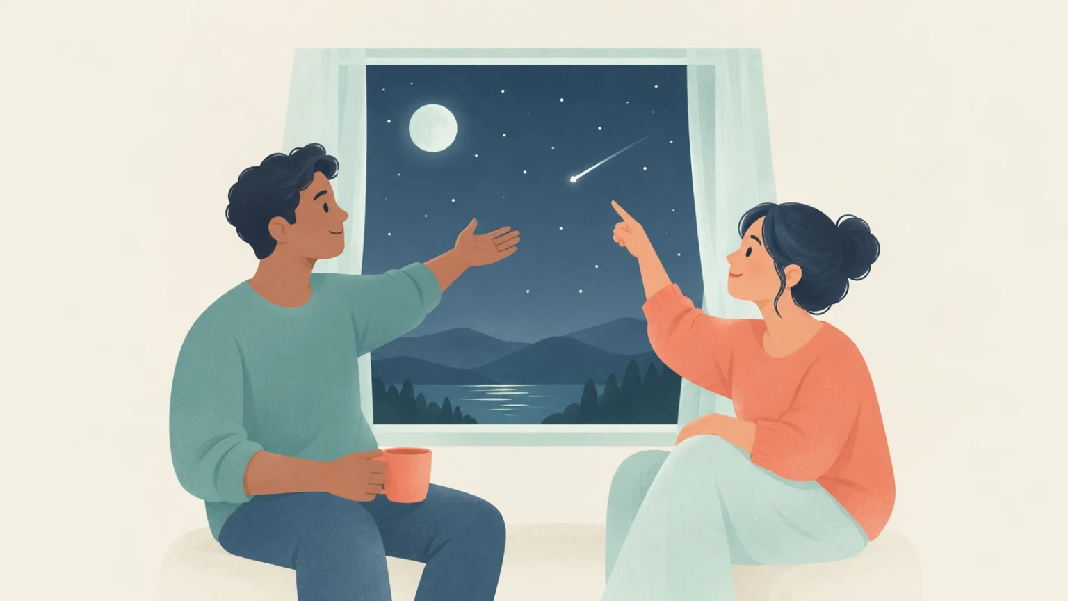 Two people sit by a window at night, one holding a mug and the other pointing at a shooting star above moonlit mountains and a lake.