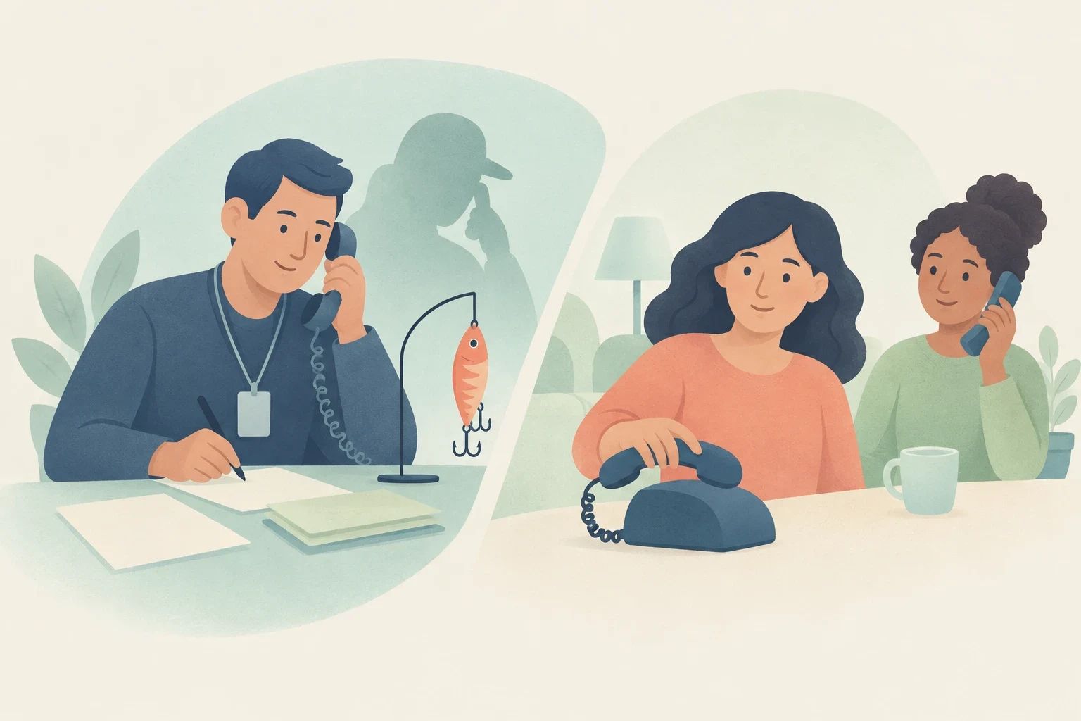 An investigator takes notes during a phone call beside a fishing lure and a shadowy caller silhouette, while two women handle telephones on the right.