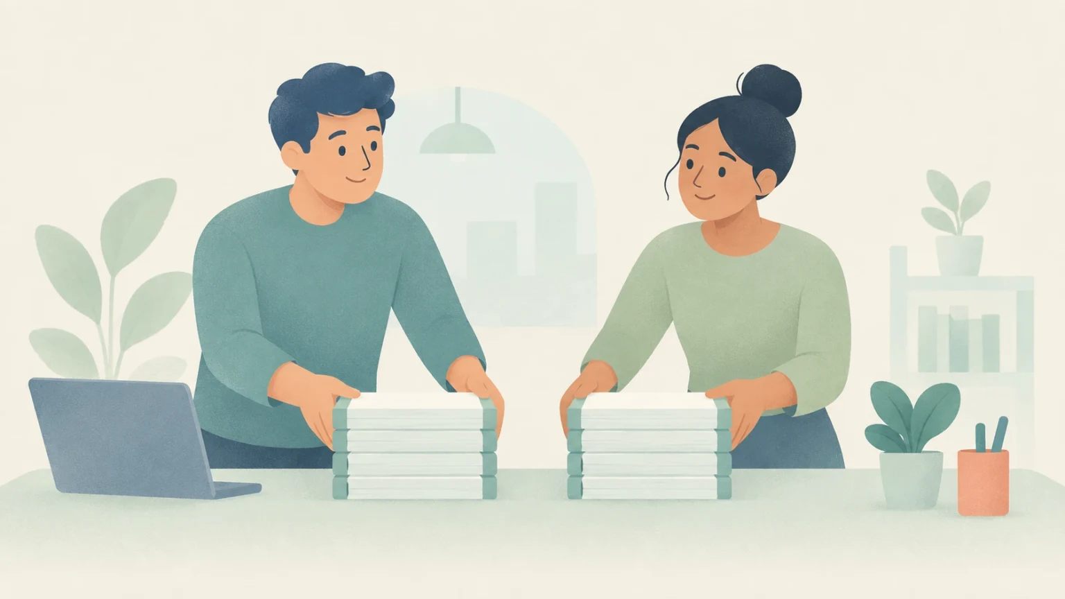 Two coworkers stand behind a desk holding equally tall stacks of books, with a laptop and plants nearby, in a soft pastel illustration.