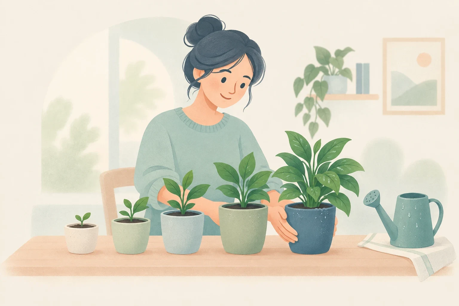 A woman tends five potted plants of increasing size on a wooden table, with a watering can nearby in a softly illustrated room.