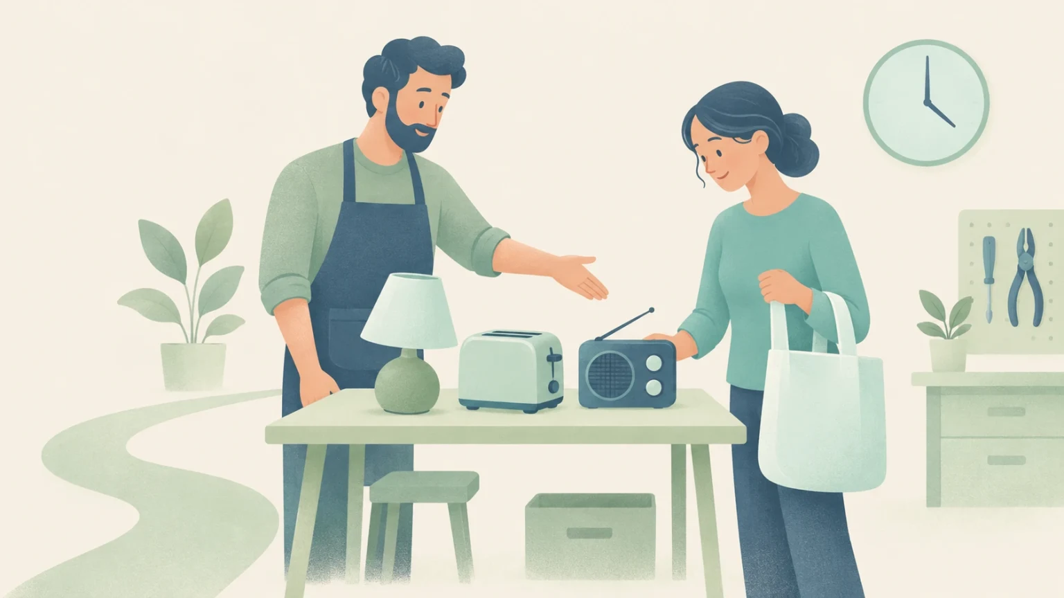 A repair volunteer gestures toward three items—a lamp, toaster, and radio—while a visitor with a tote bag stands beside the table.
