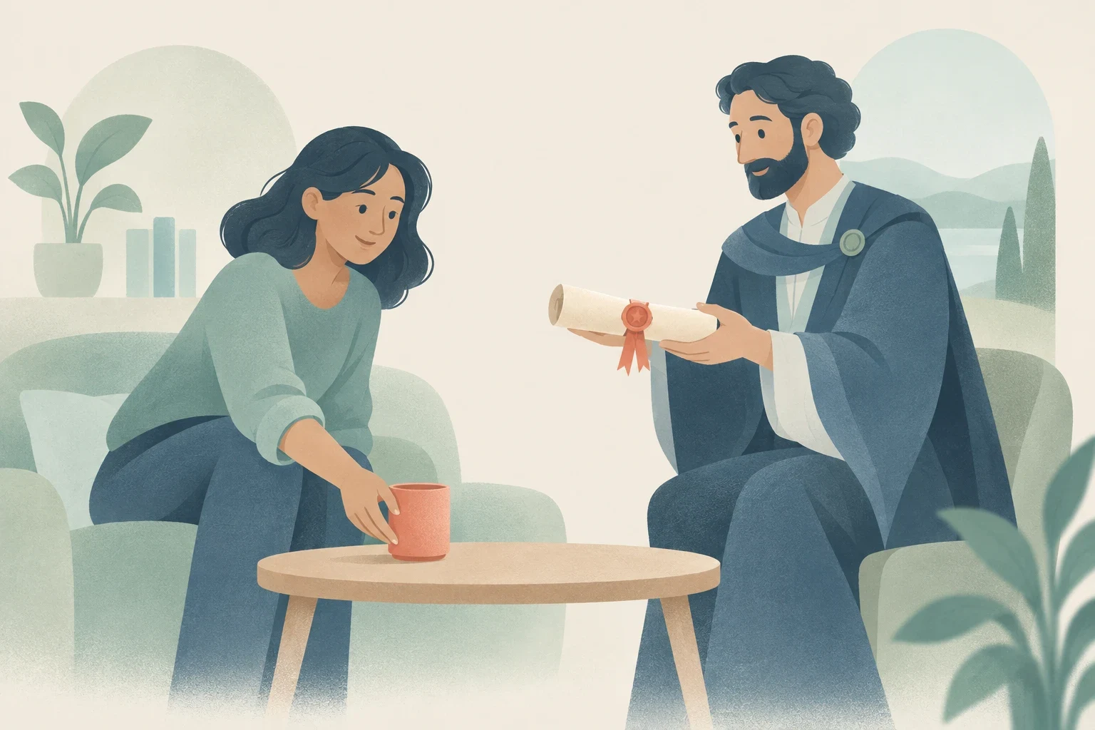 A woman places a coral mug onto a coffee table while a bearded man in ceremonial robes offers a rolled parchment tied with a ribbon.