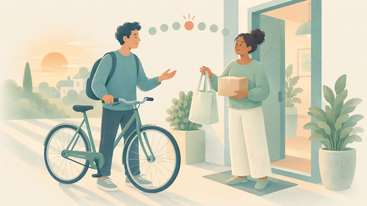 A person with a bicycle talks to a woman holding a tote bag and parcel at an open doorway, with seven dots above them suggesting a weekly schedule.