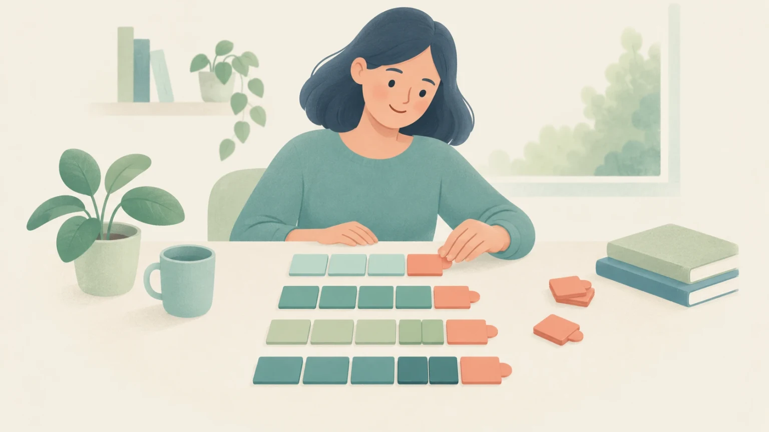 An editorial illustration of a woman at a desk arranging colored modular tiles and puzzle pieces into rows.