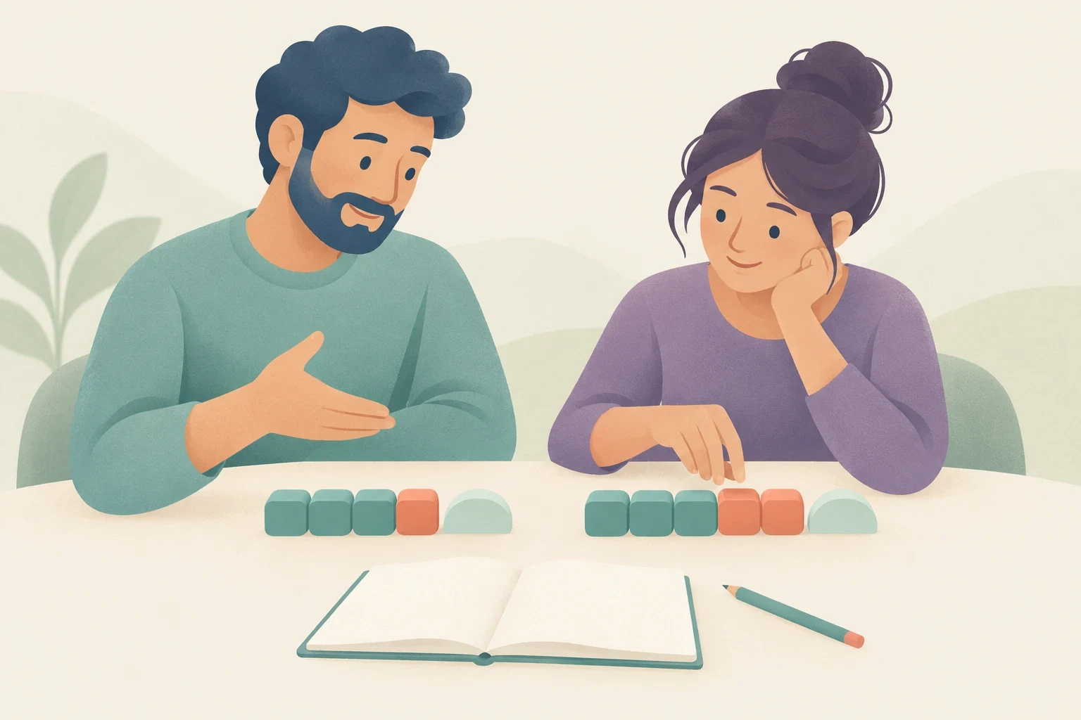 Two adults compare rows of colored blocks, one with a single orange block and the other with two, beside an open blank notebook and pencil.