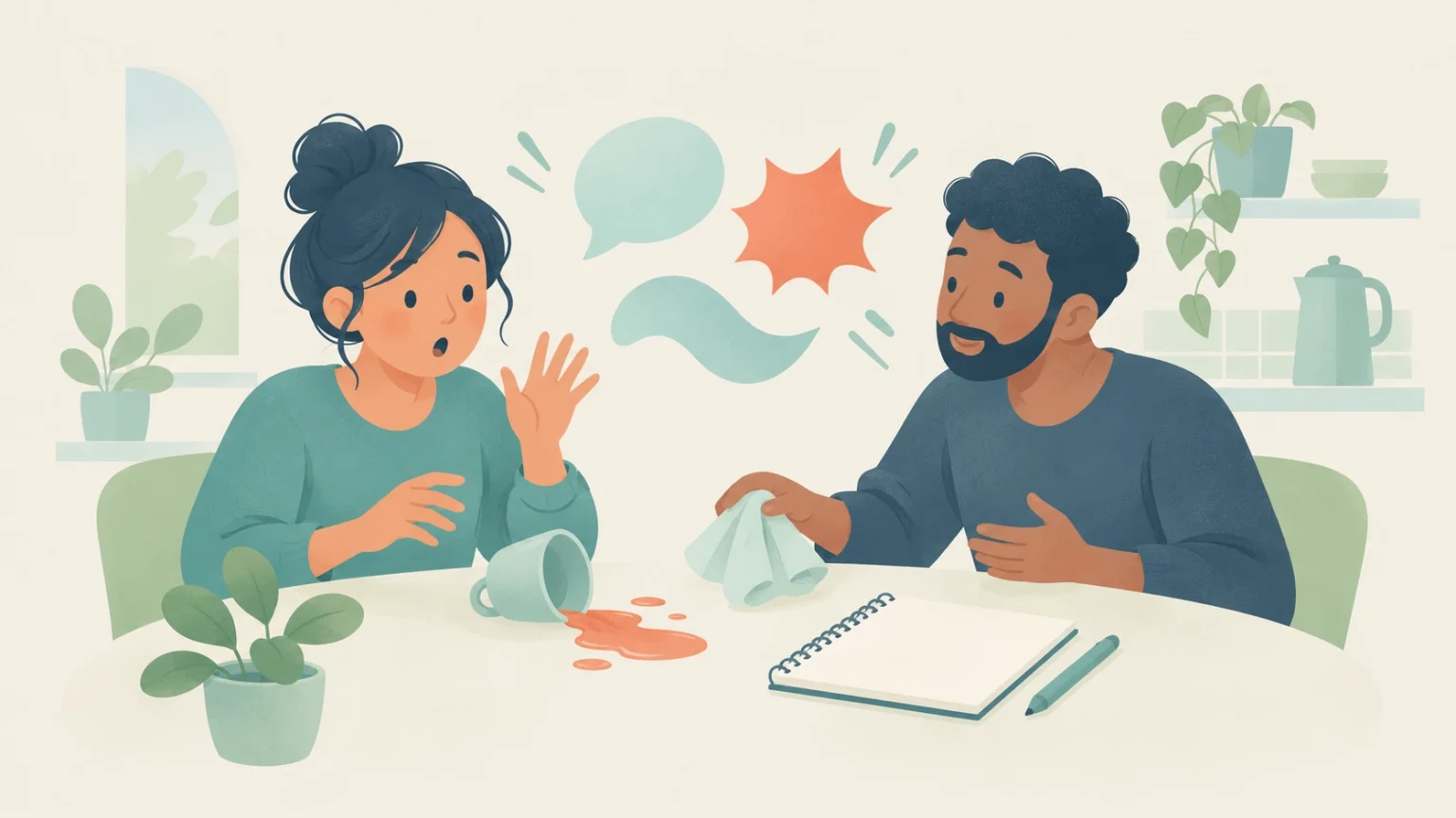A surprised woman reacts to a tipped cup and spilled drink while a man holds a cloth to help clean up, with abstract reaction shapes between them.