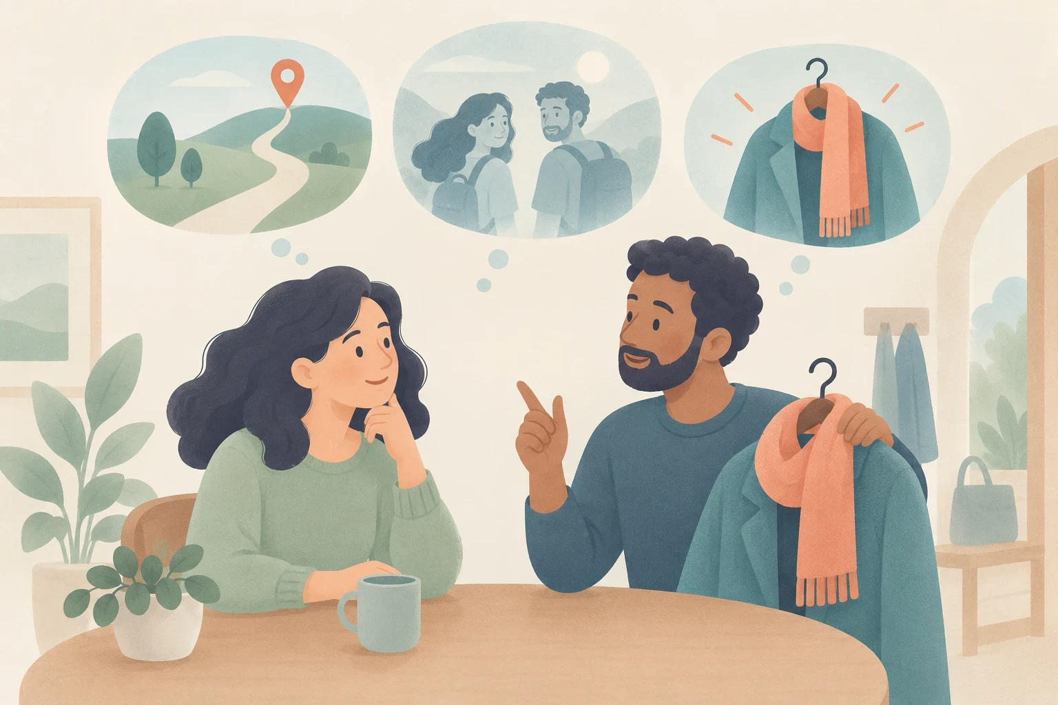 Two people discuss a coat and scarf at a table, with thought bubbles showing a winding path and location pin, the pair outdoors with backpacks, and clothing on a hanger.