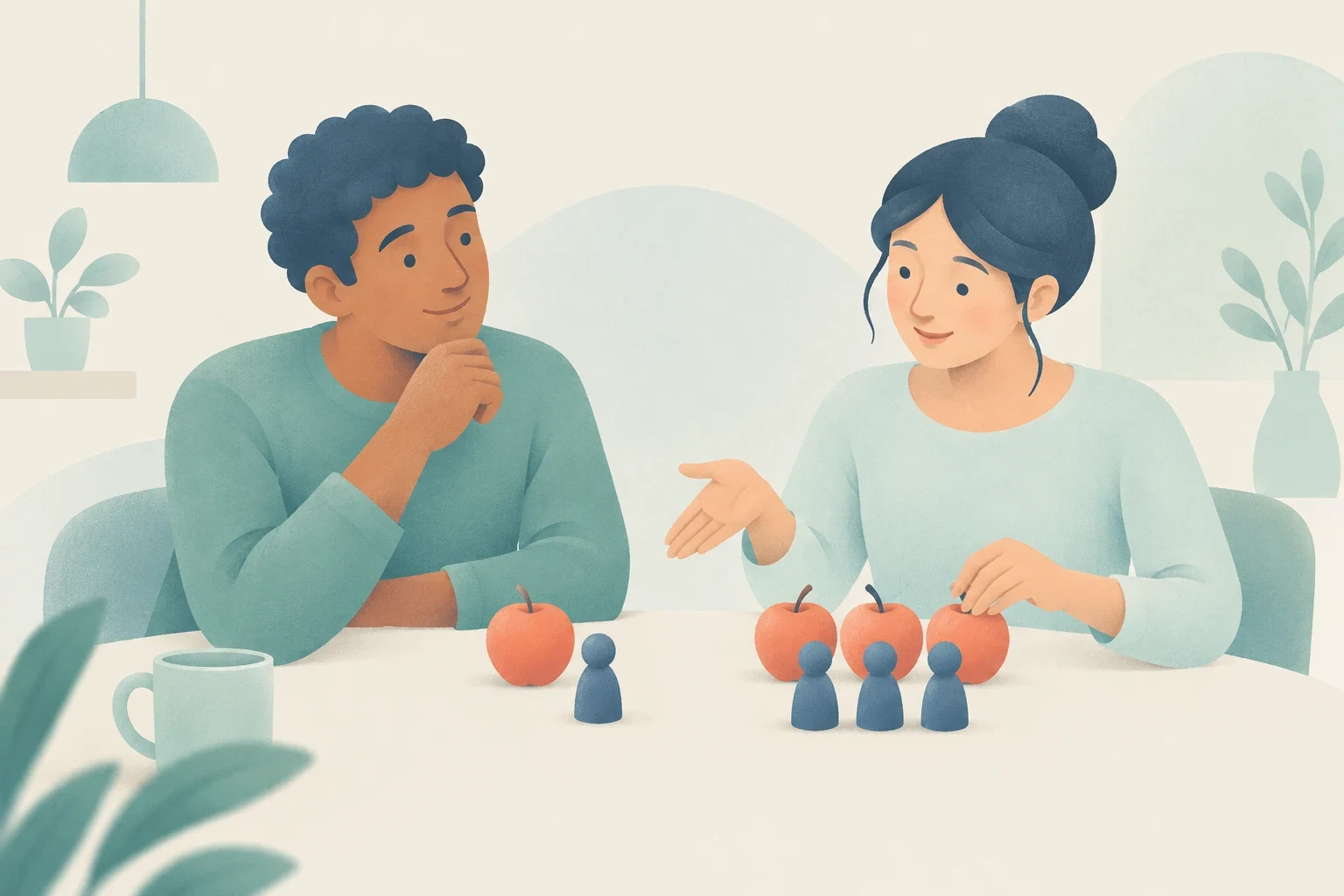 Two people sit at a table with a cup, four apples, and four blue person-shaped tokens, gesturing and listening in a softly colored illustration.