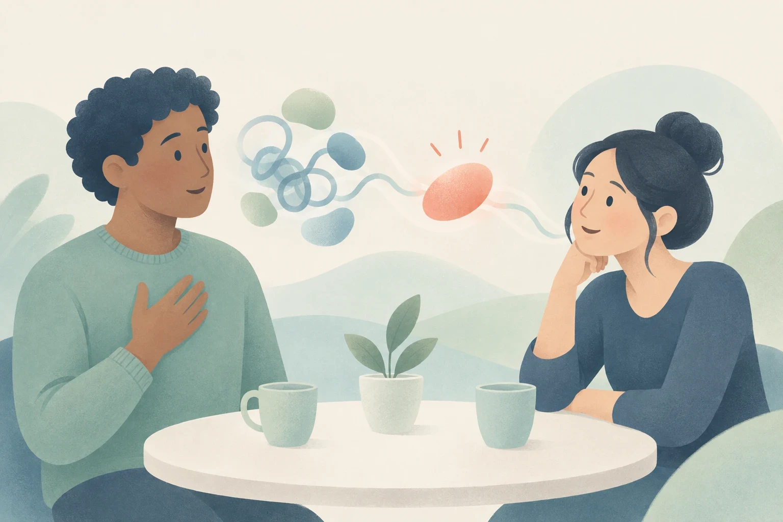A man and a woman sit at a cafe table talking, with an abstract looping graphic between them that flows into a clear glowing oval.