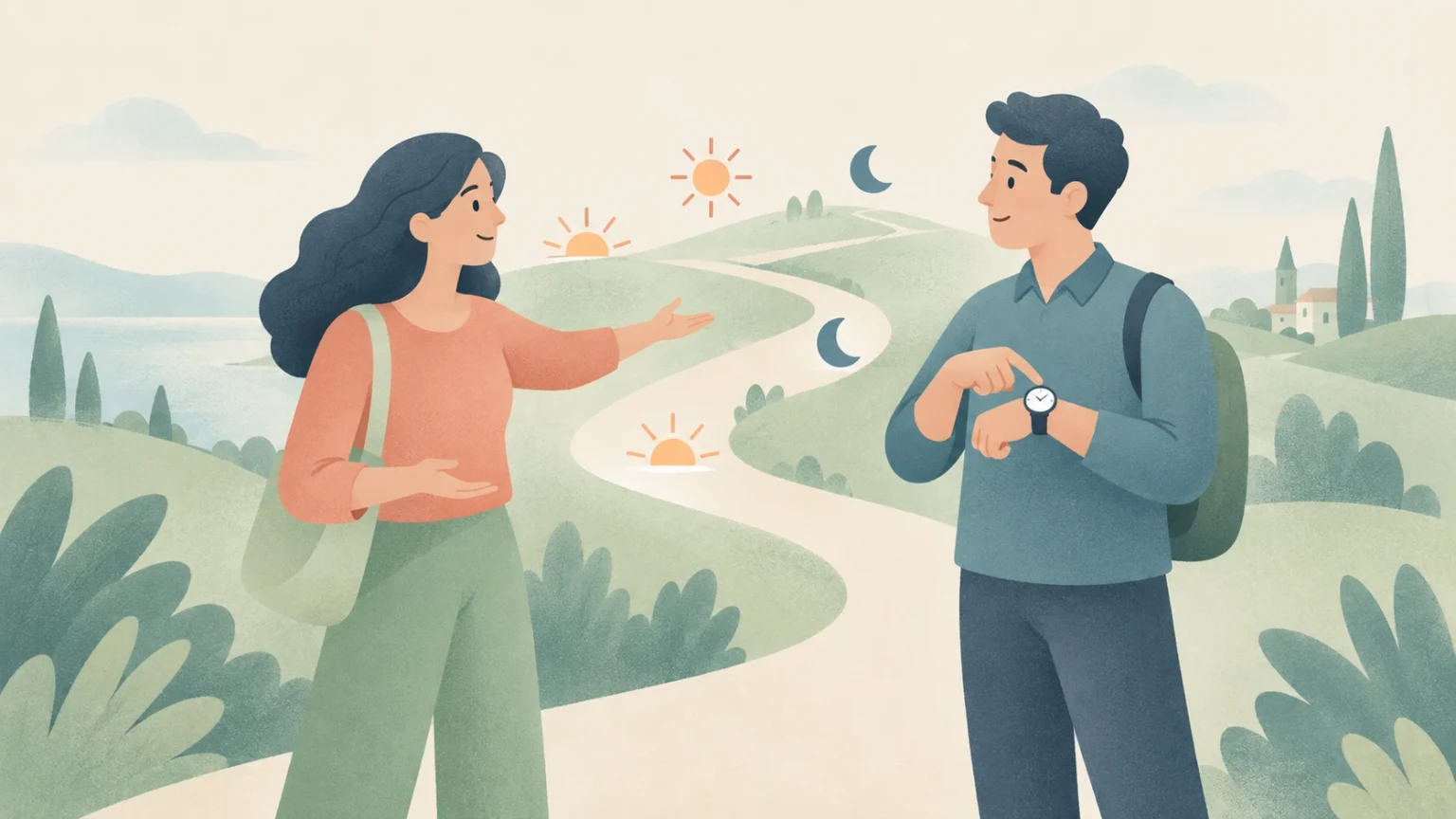 Two people stand beside a winding countryside path; a woman gestures toward sun and moon symbols while a man points to his wristwatch.
