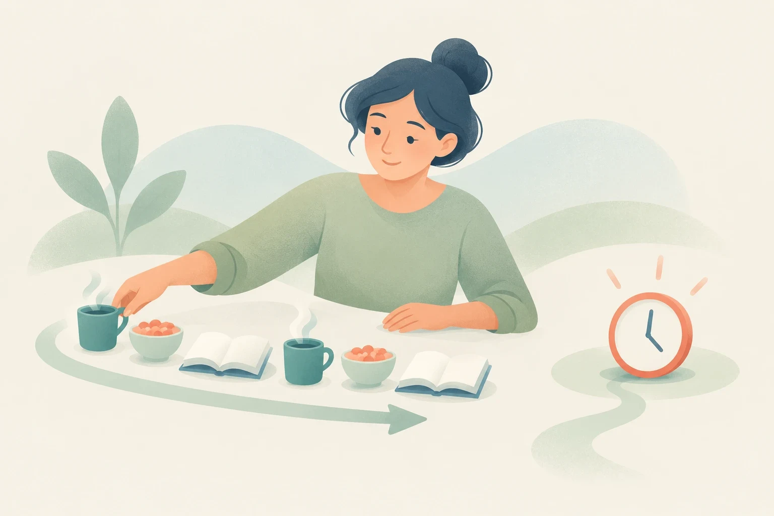 An editorial illustration of a woman seated at a table displaying a repeating sequence of a mug, bowl, and book next to an analog clock.