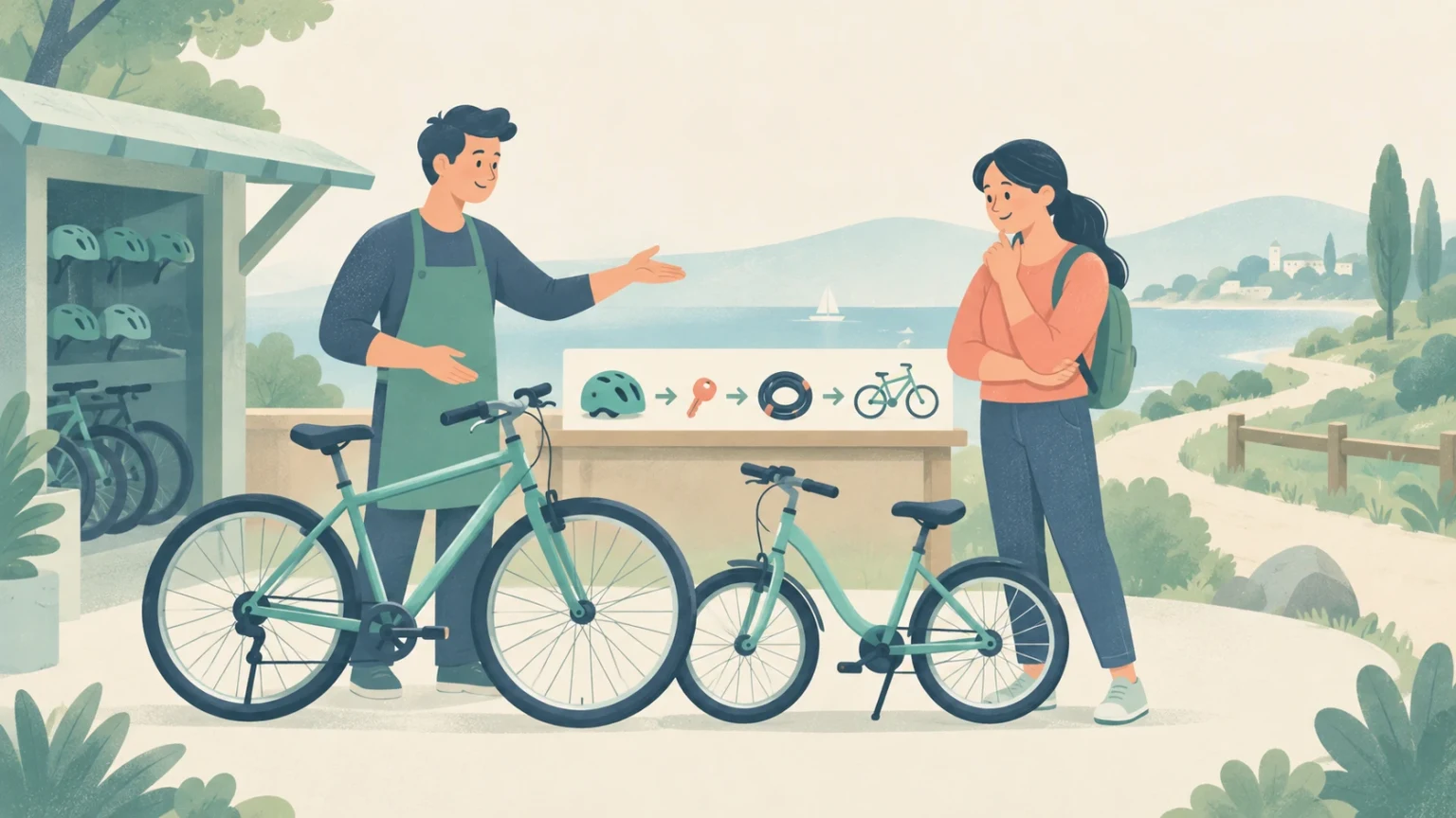 An attendant presents two differently sized bicycles to a customer at a lakeside rental stand, with a pictorial sequence of a helmet, key, lock, and bicycle.
