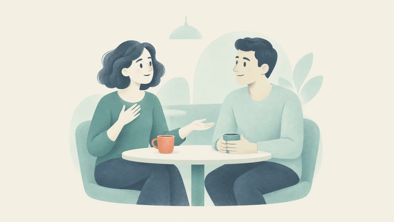 A woman gestures while talking with a man seated across a small round café table, with two mugs in a soft teal and cream illustration.