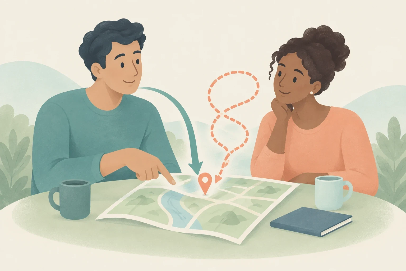 Two people discuss a map at a table with mugs and a notebook, while solid and winding dashed arrows point toward a location marker.