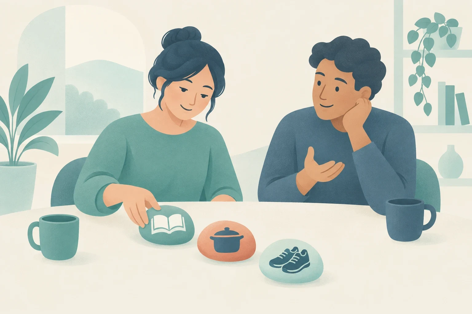 Two friends discuss activity choices at a table with illustrated tokens showing a book, cooking pot, and sneakers, with mugs and plants nearby.