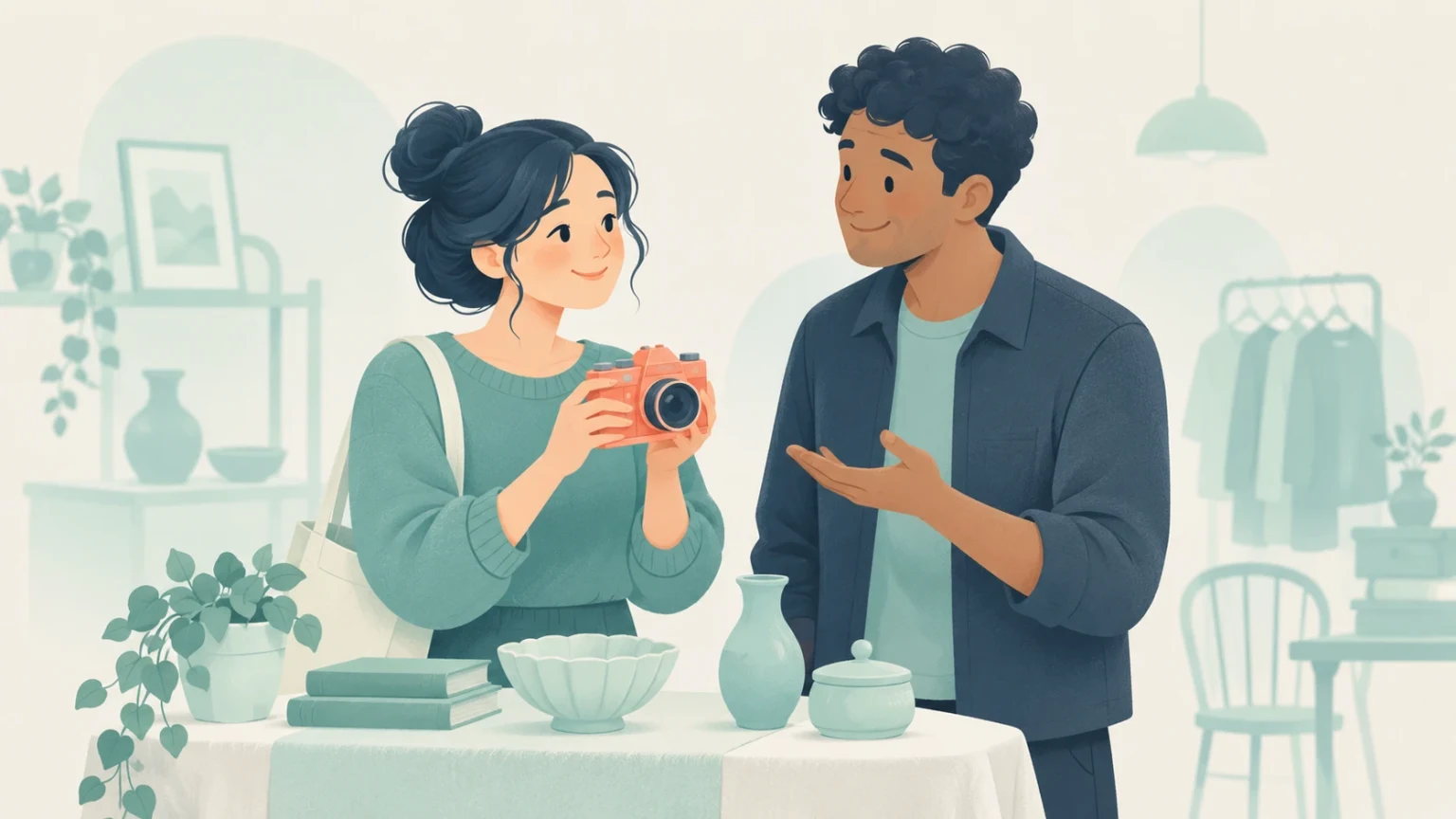 A smiling woman holds an orange camera while a man gestures beside her in a secondhand shop filled with pottery, books, plants, and clothing.