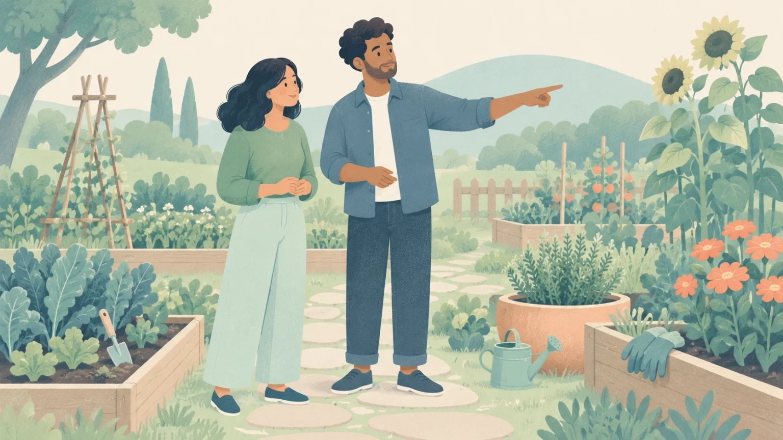 A man and woman standing along a stone path in a community garden with raised planter beds, tools, and tall sunflowers.