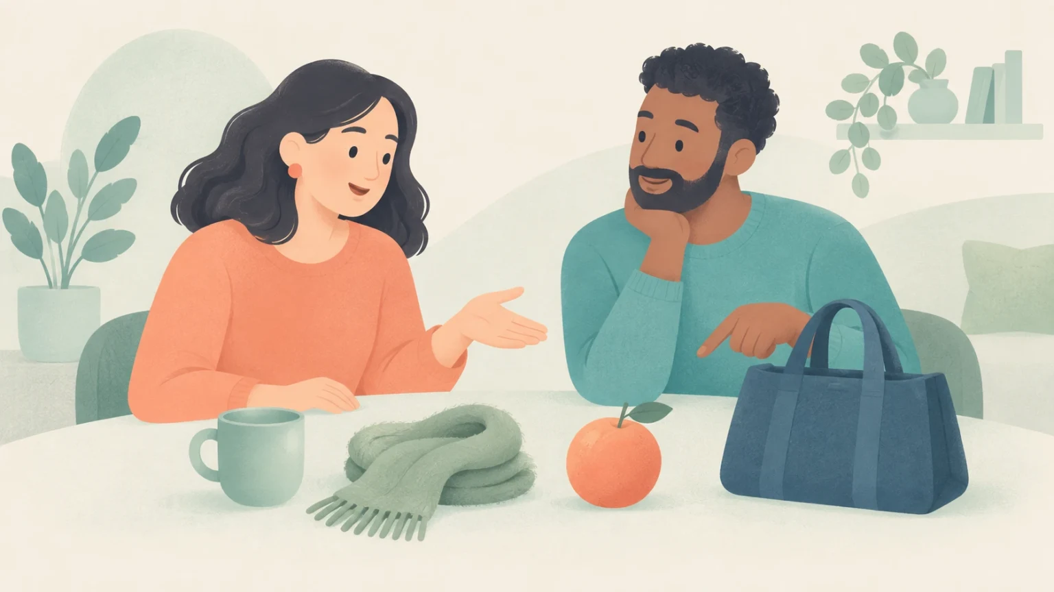 Two people converse at a table with a green mug, a soft green scarf, an orange fruit, and a blue bag in a softly colored room with plants.
