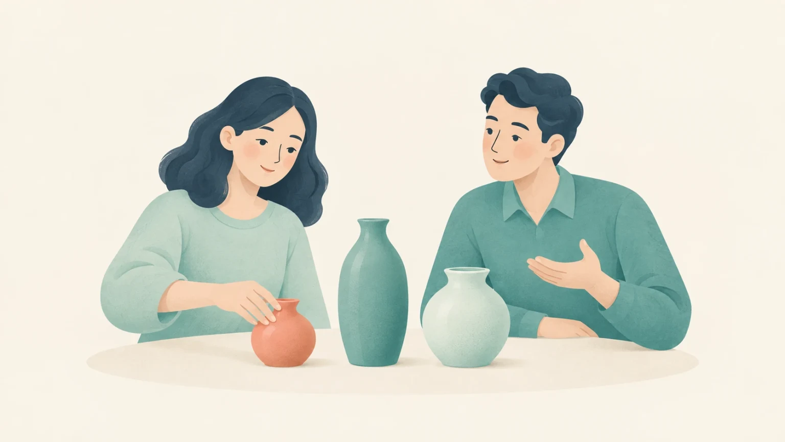 Two people discuss three ceramic vases of different sizes, shapes, and colors on a table in a soft pastel illustration.